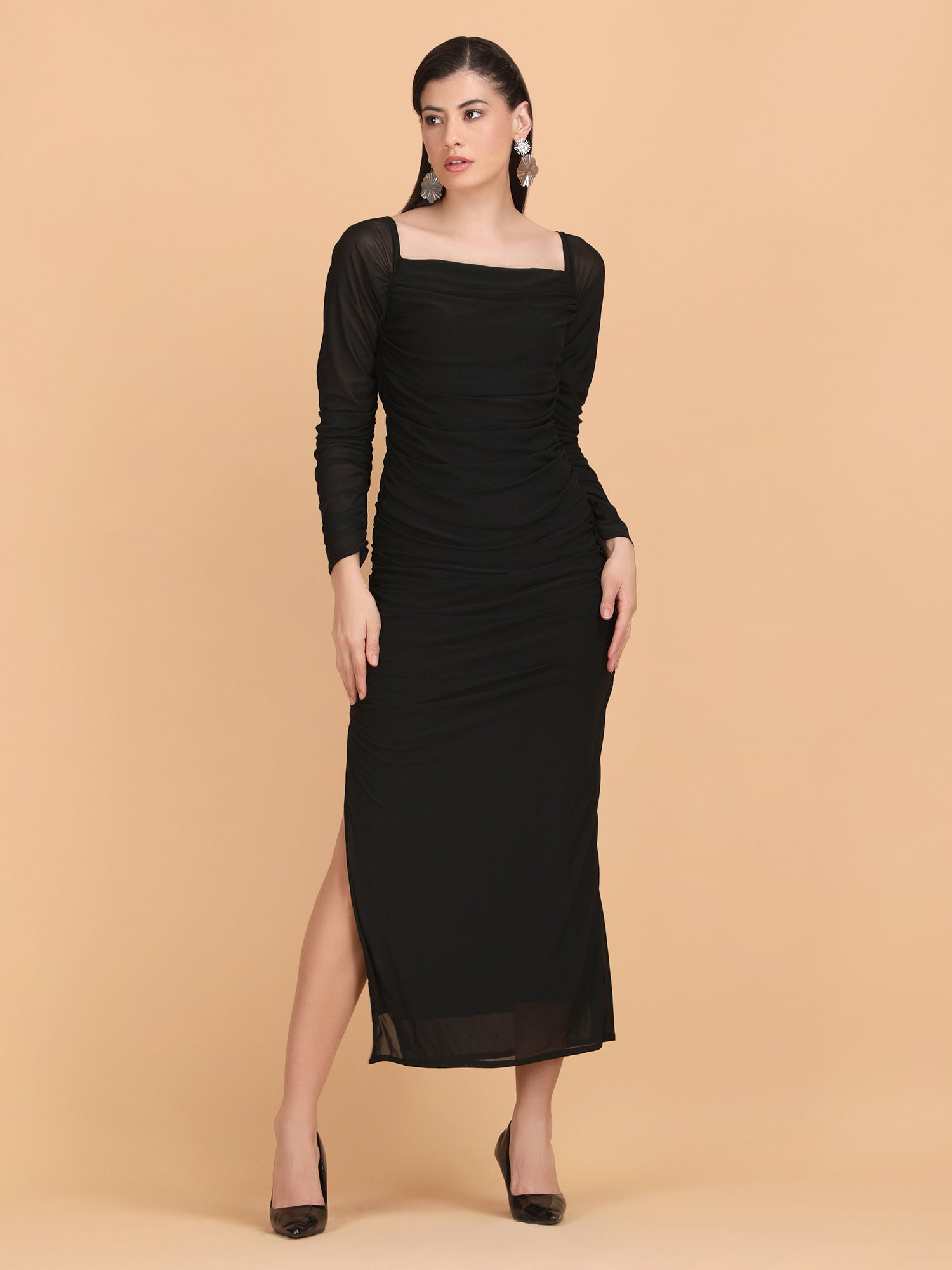 mesh side bodycon dress Inspire Chic Women's Maternity Dress Mesh Ruched Side Spaghetti Strap Bodycon Pregnancy Dresses for Wedding Guest Black L, Size: Large