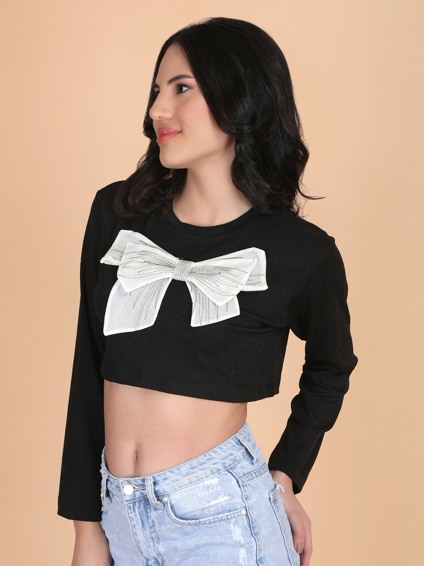 Designer Bow long Sleeves Crop Top