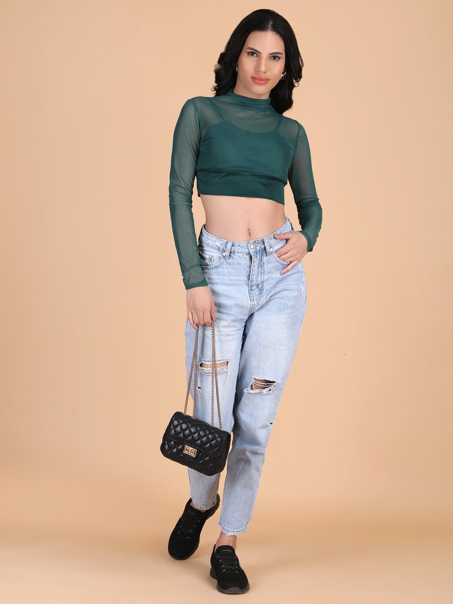 Mesh Long Sleeve Crop Top