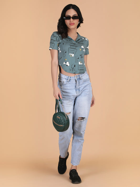 Green Printed Collar T-shirt