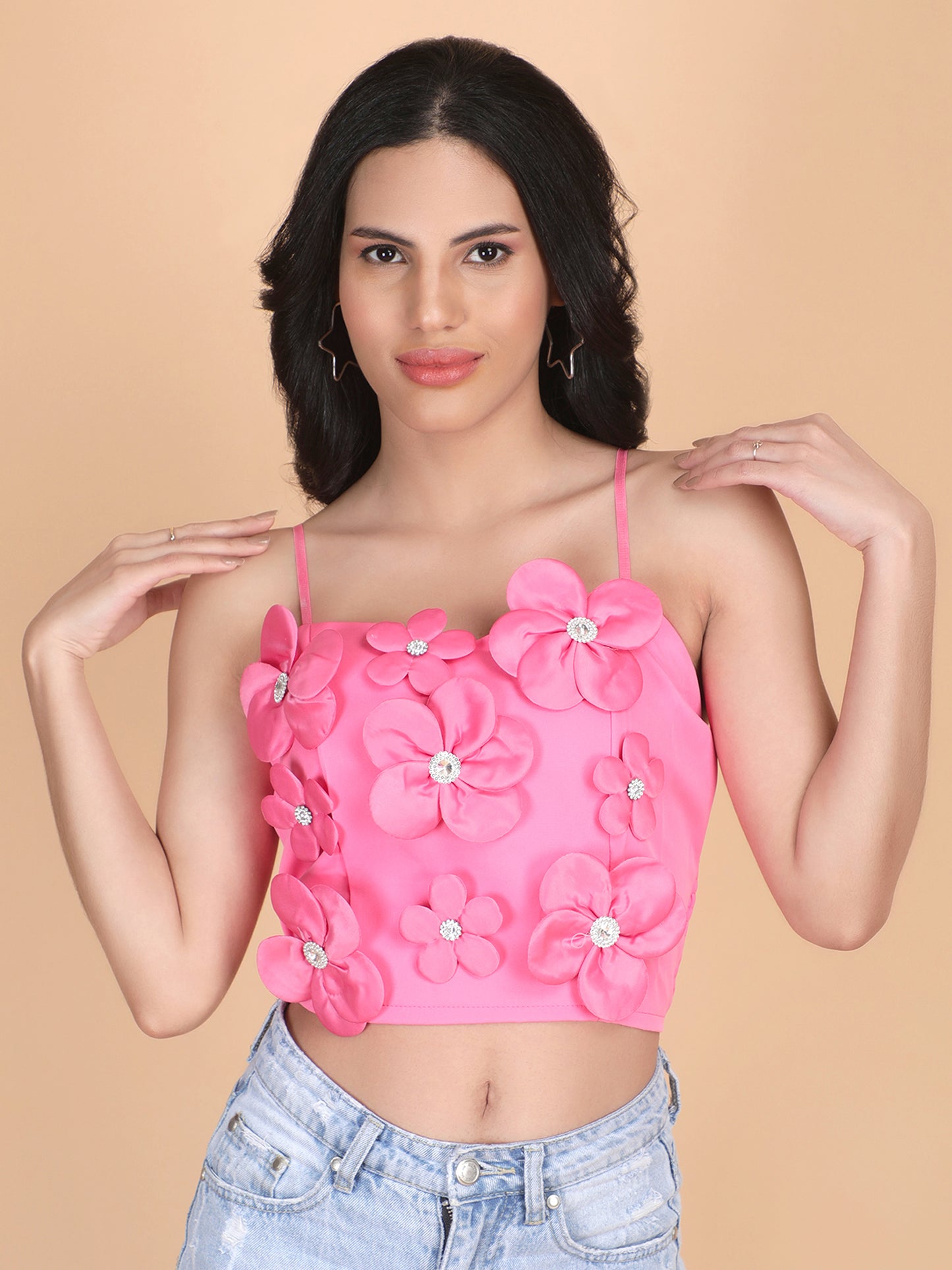 3D Flowers Spaghetti Strap Crop Top