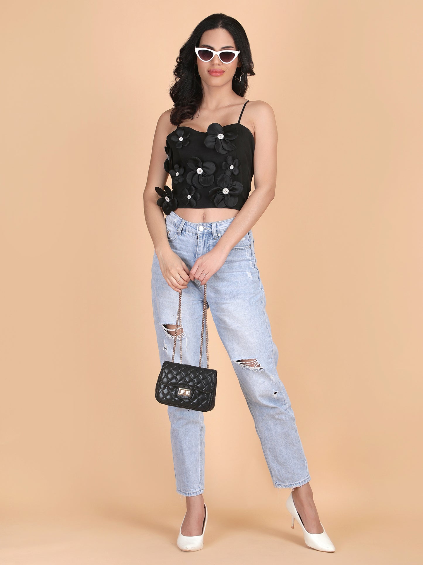 3D Flowers Spaghetti Strap Crop Top