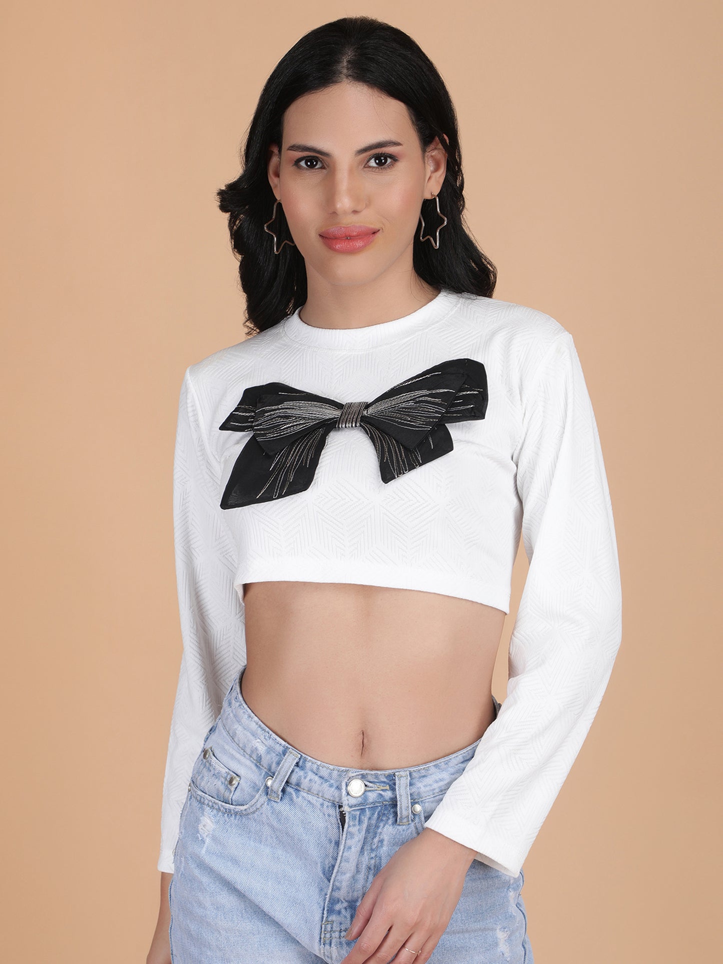 Designer Bow long Sleeves Crop Top