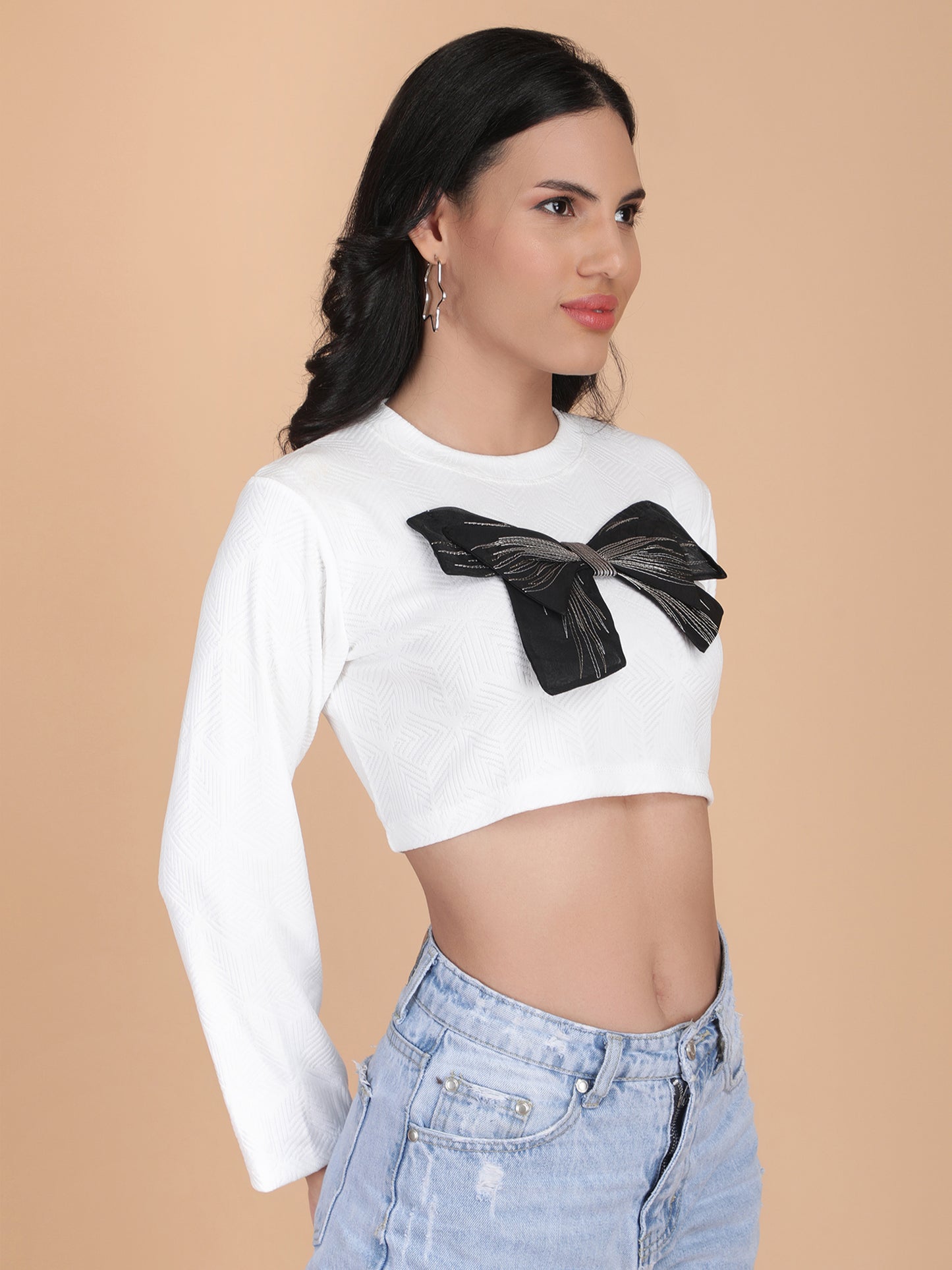 Designer Bow long Sleeves Crop Top