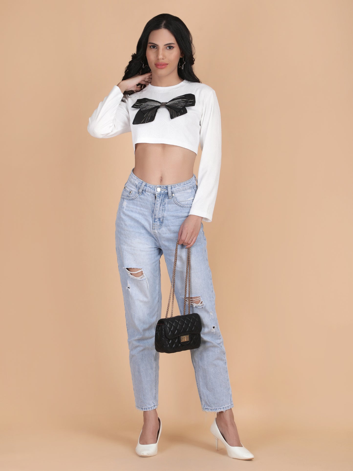 Designer Bow long Sleeves Crop Top