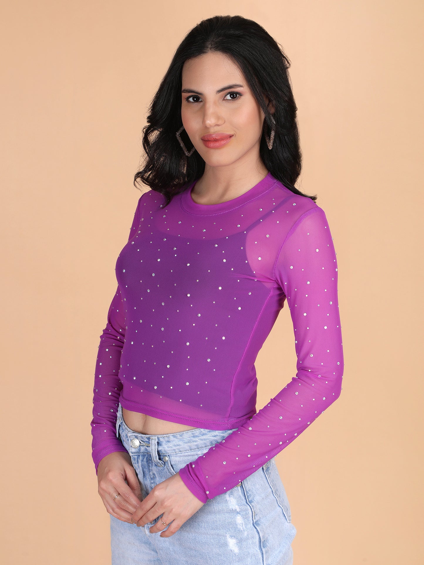 Rhinestone Long Sleeves Mesh Crop Top