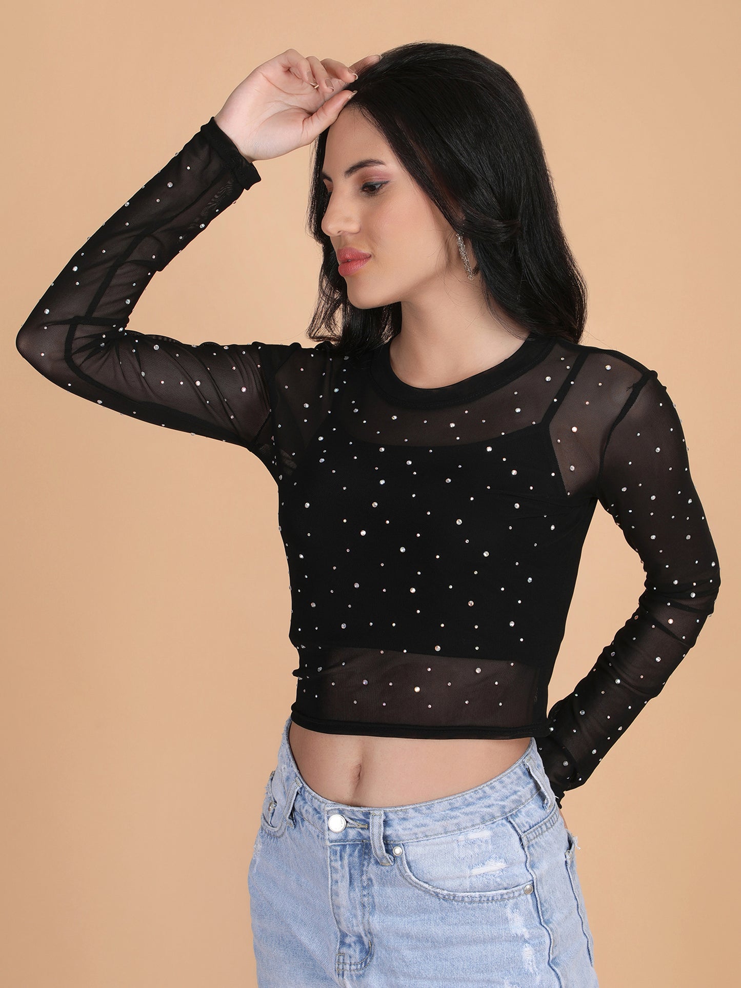 Rhinestone Long Sleeves Mesh Crop Top