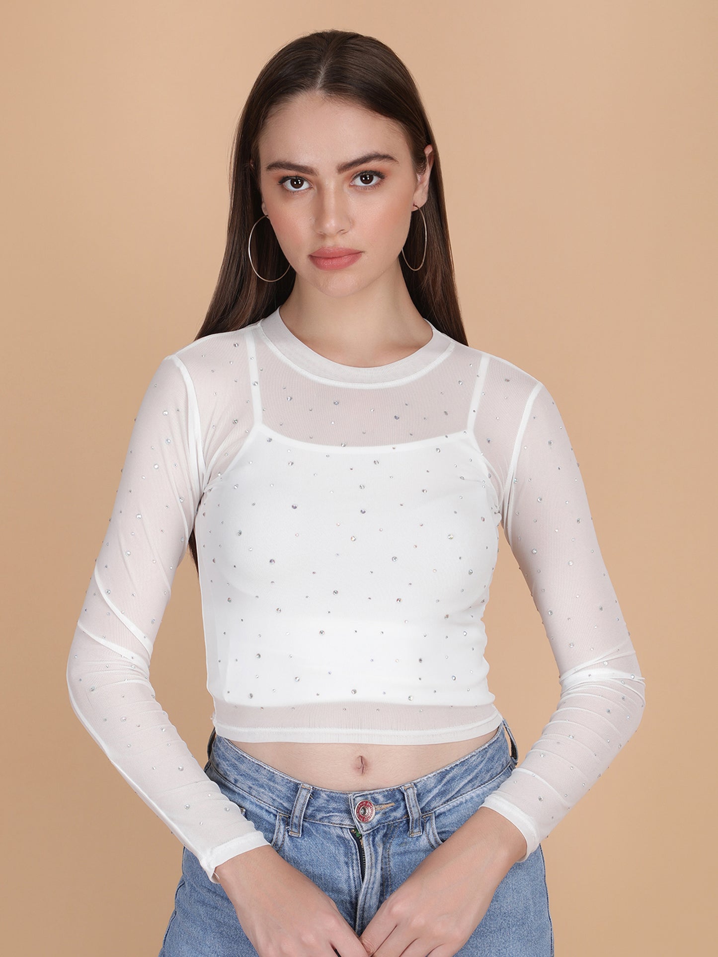 Rhinestone Long Sleeves Mesh Crop Top