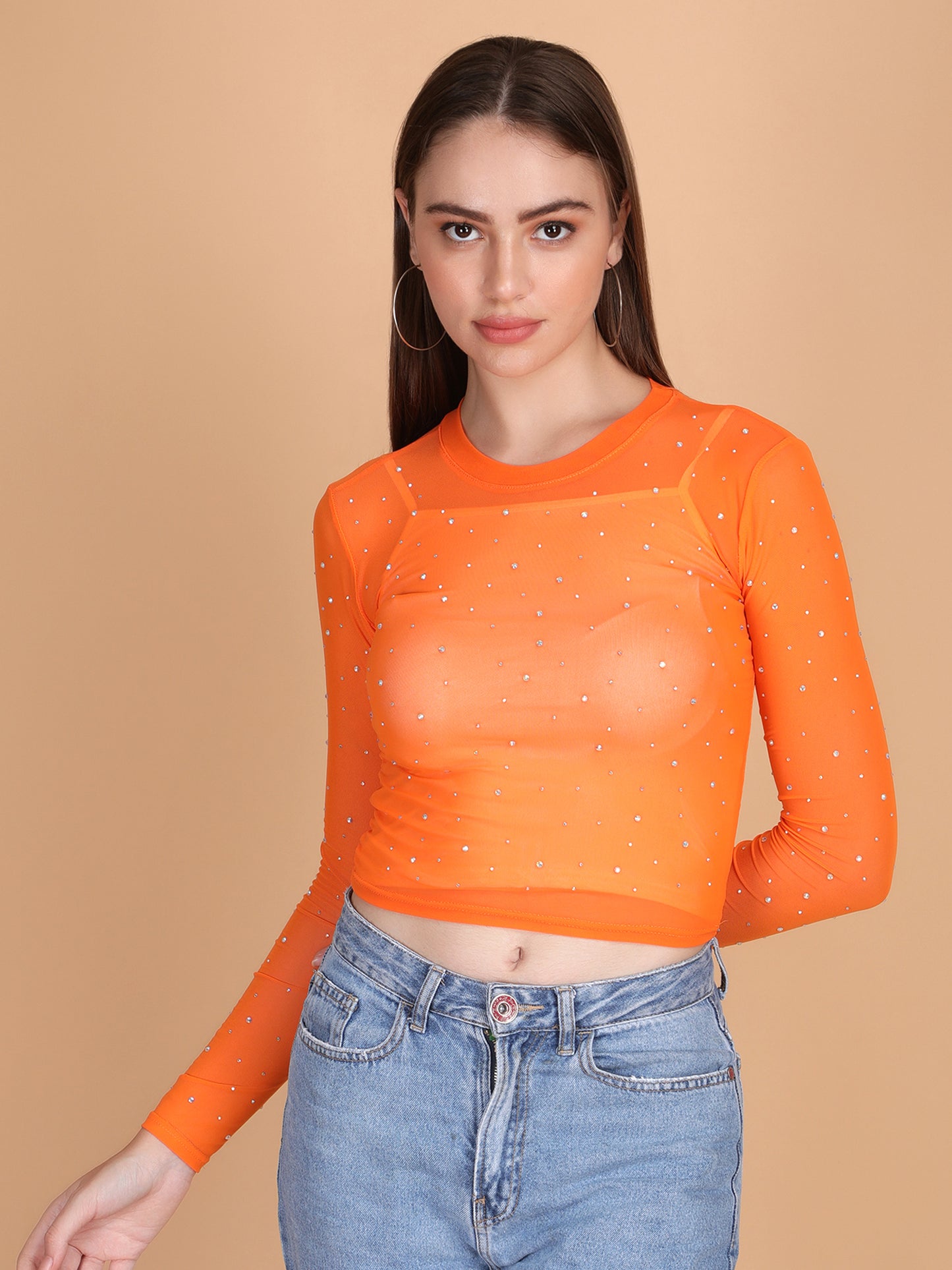 Rhinestone Long Sleeves Mesh Crop Top