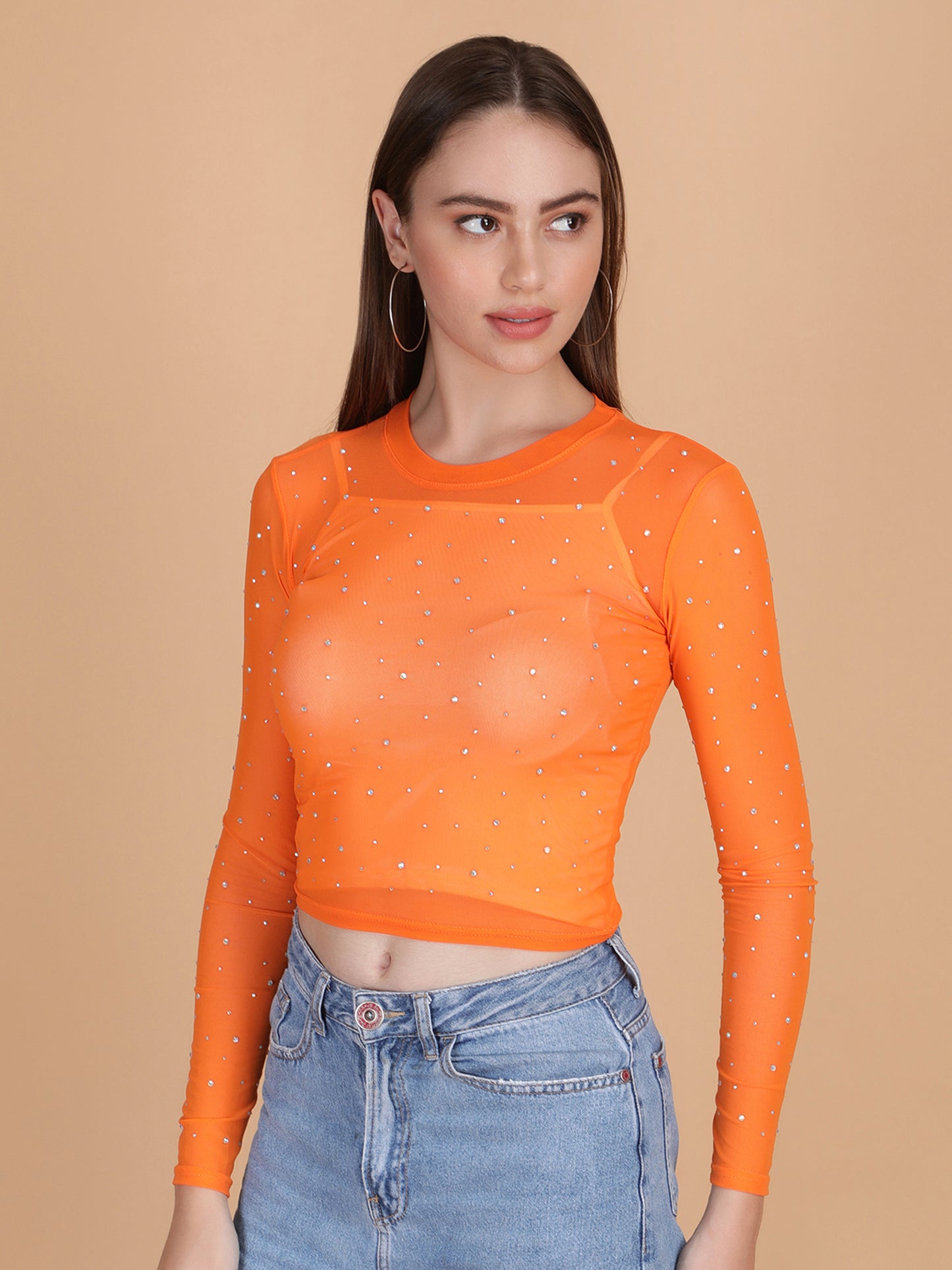 Rhinestone Long Sleeves Mesh Crop Top