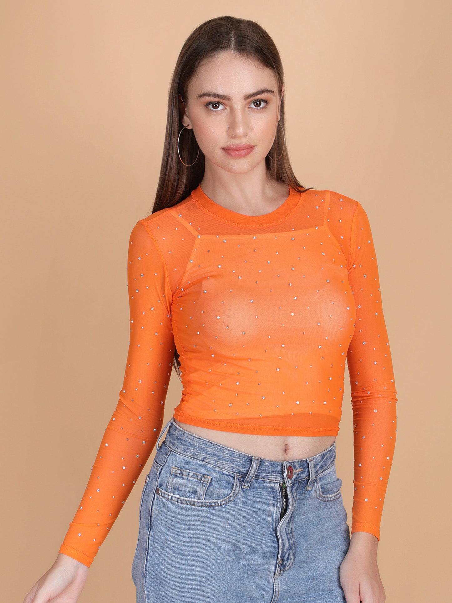 Rhinestone Long Sleeves Mesh Crop Top