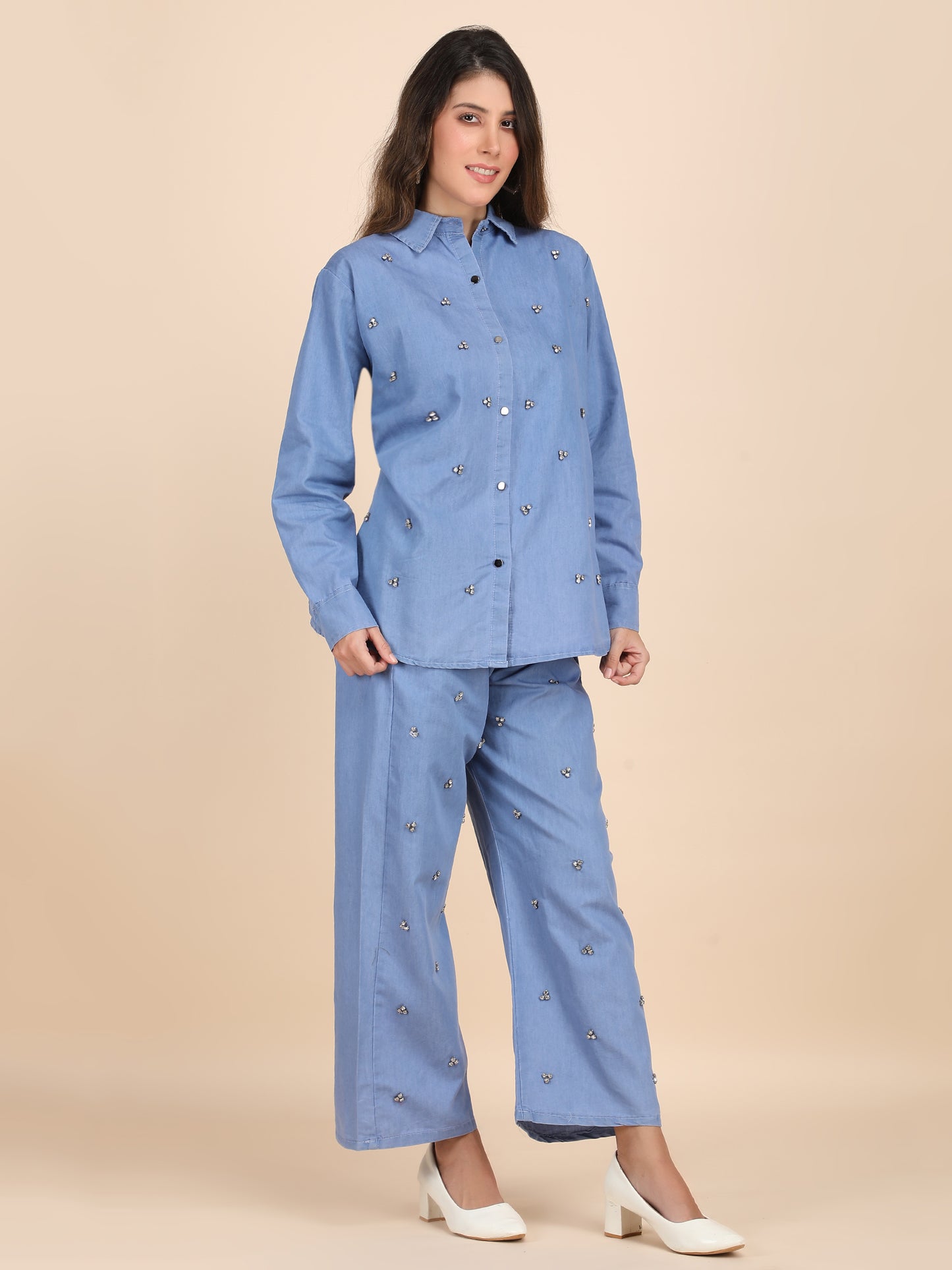 Rhinestone Embellished Casual Denim Co-ord Set