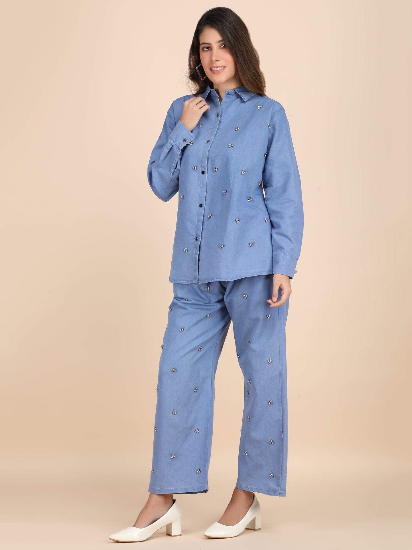Rhinestone Embellished Casual Denim Co-ord Set