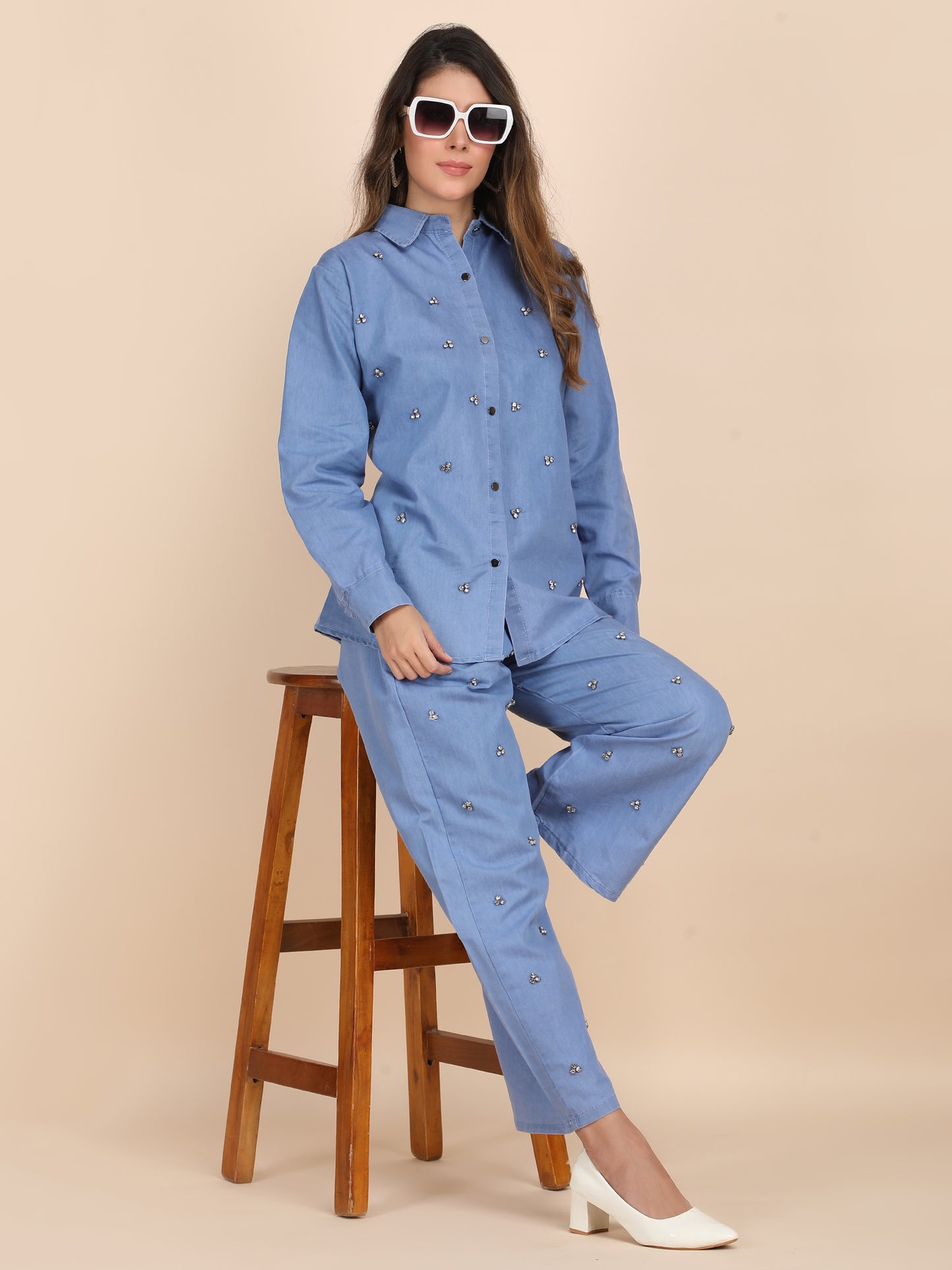 Rhinestone Embellished Casual Denim Co-ord Set