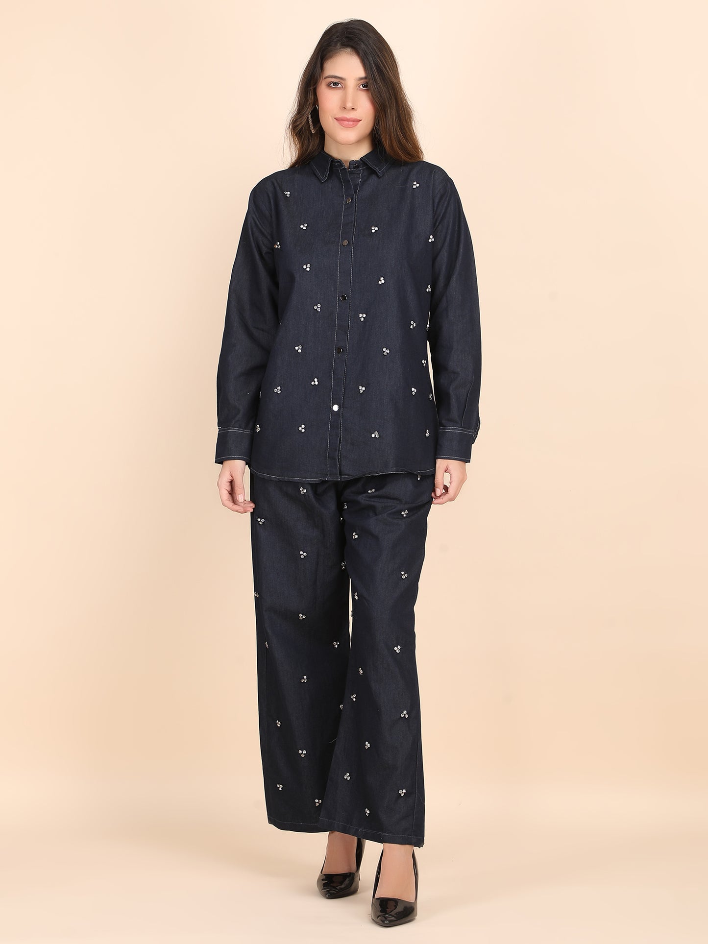 Rhinestone Embellished Casual Denim Co-ord Set