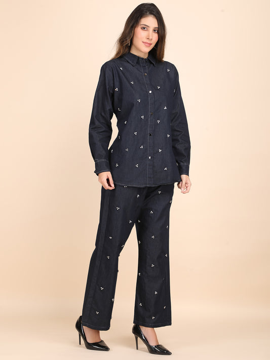 Rhinestone Embellished Casual Denim Co-ord Set