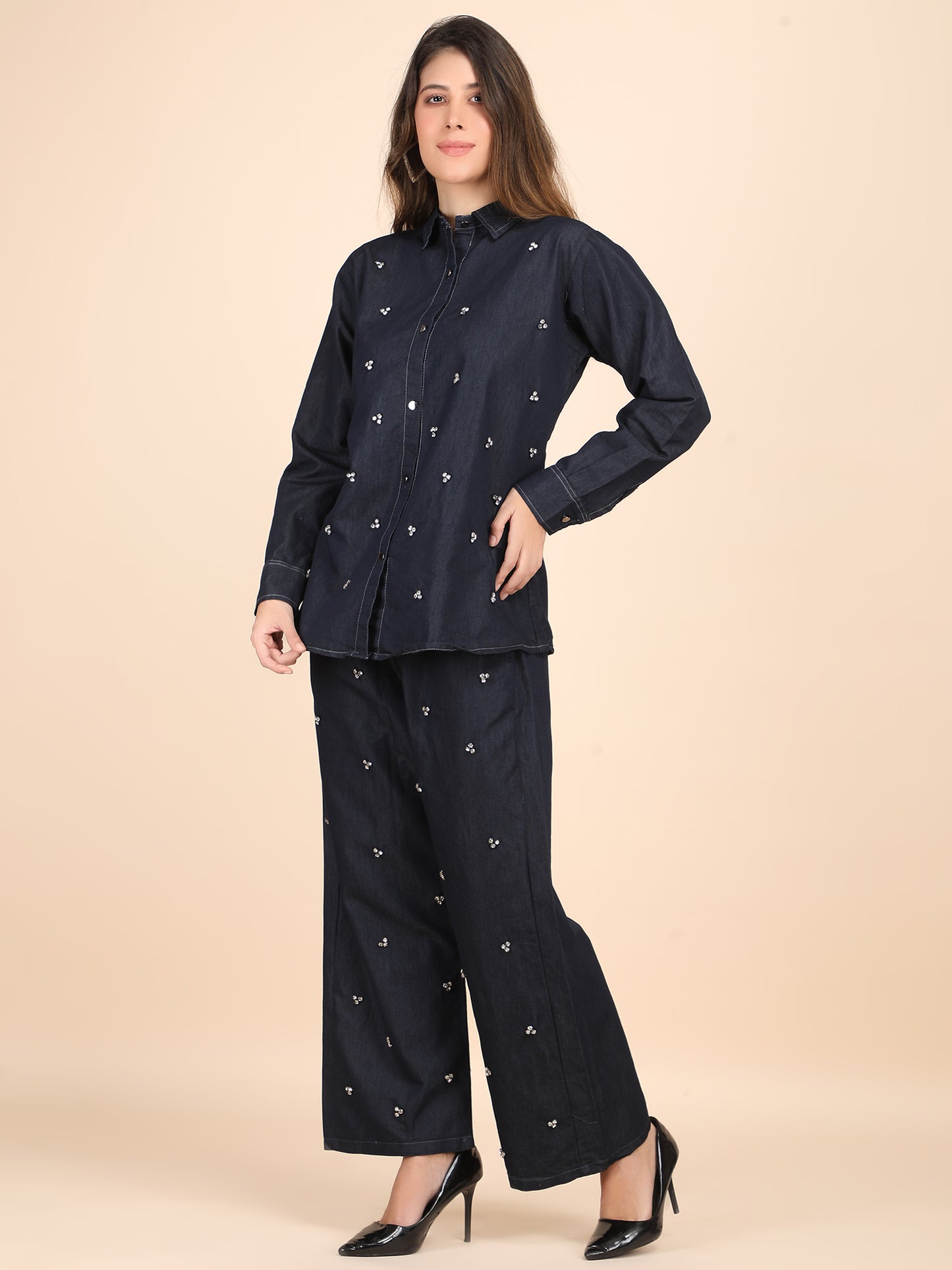 Rhinestone Embellished Casual Denim Co-ord Set
