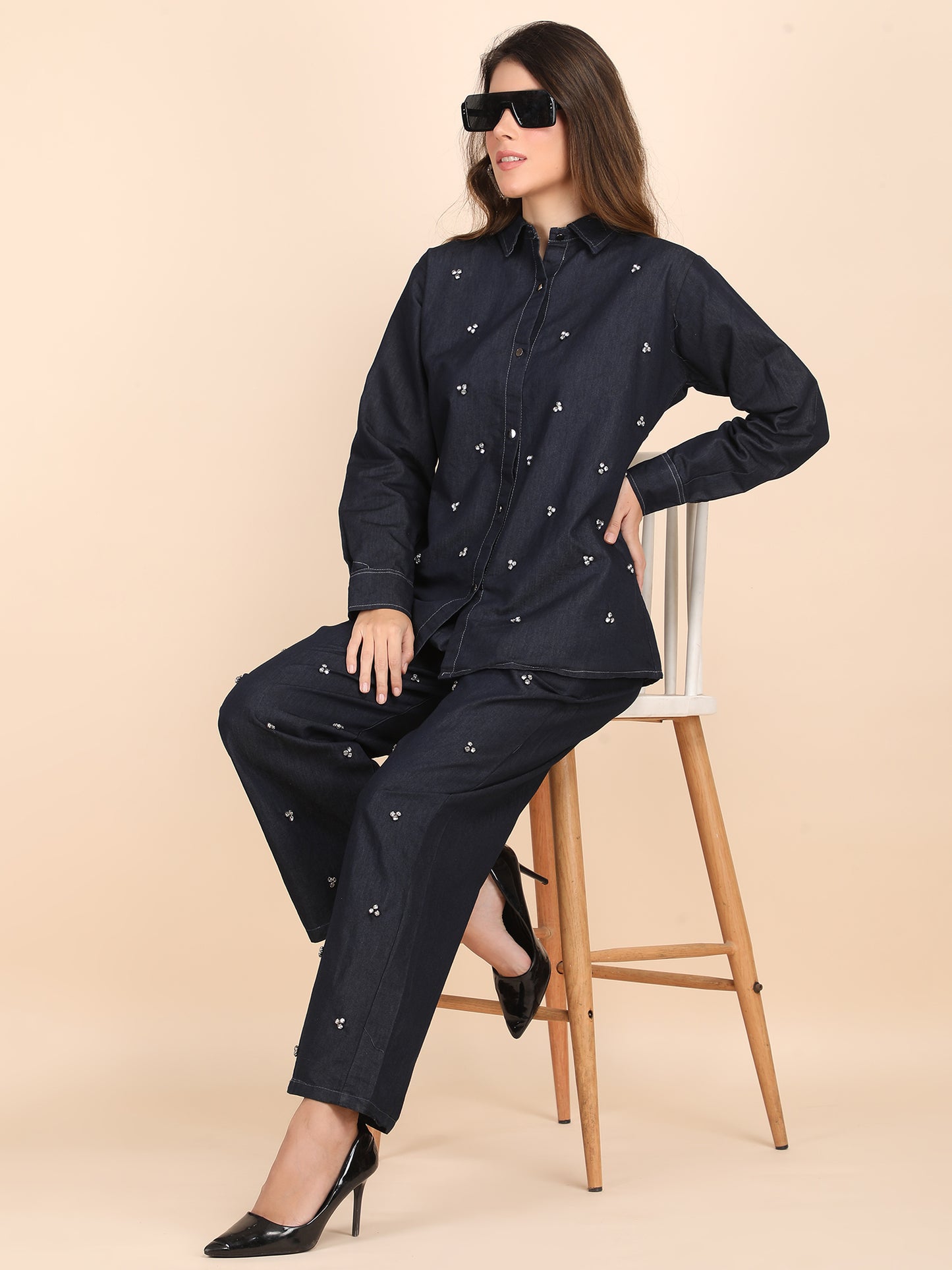 Rhinestone Embellished Casual Denim Co-ord Set