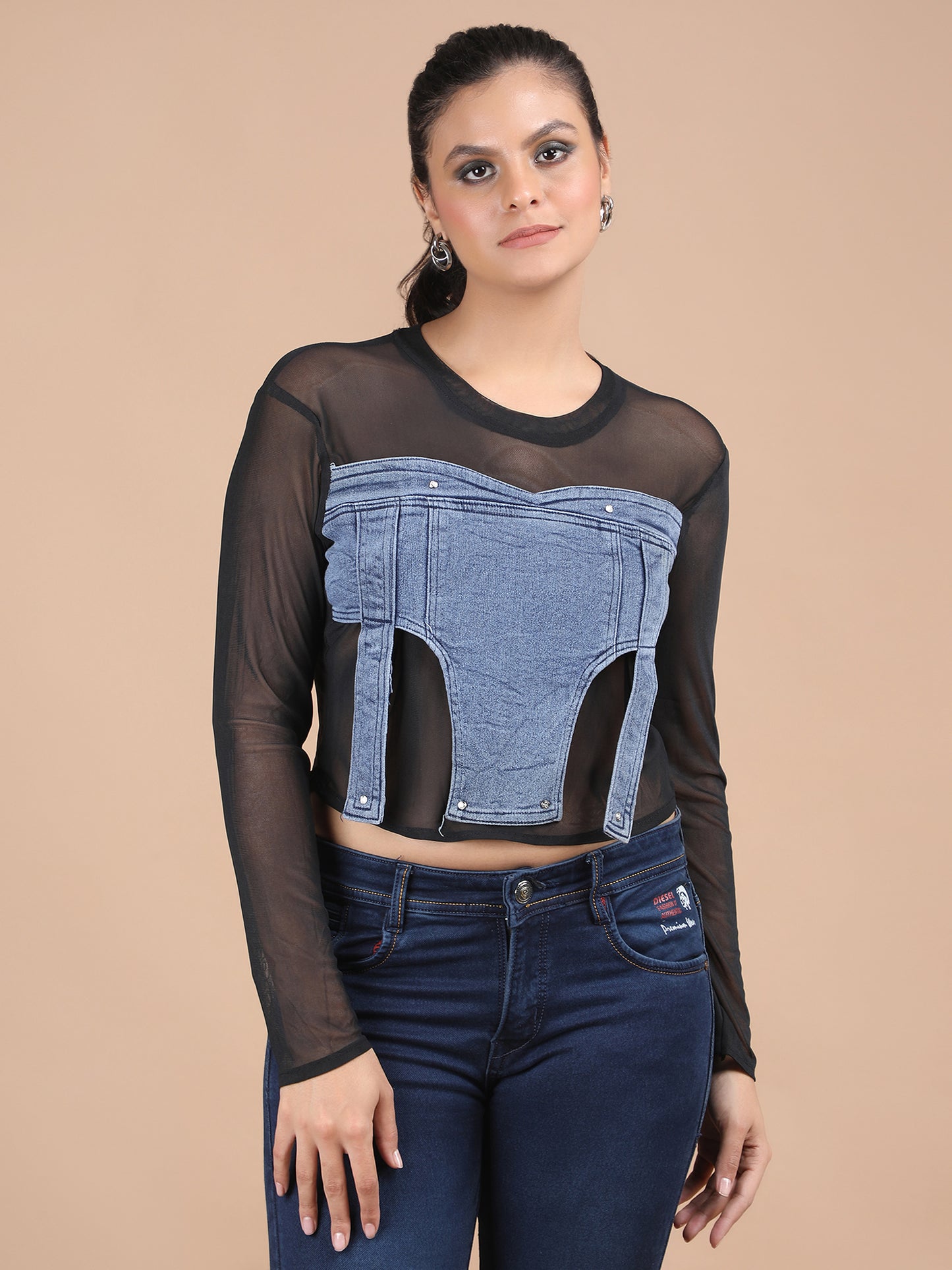 Denim Power Net Long Sleeves Crop Top