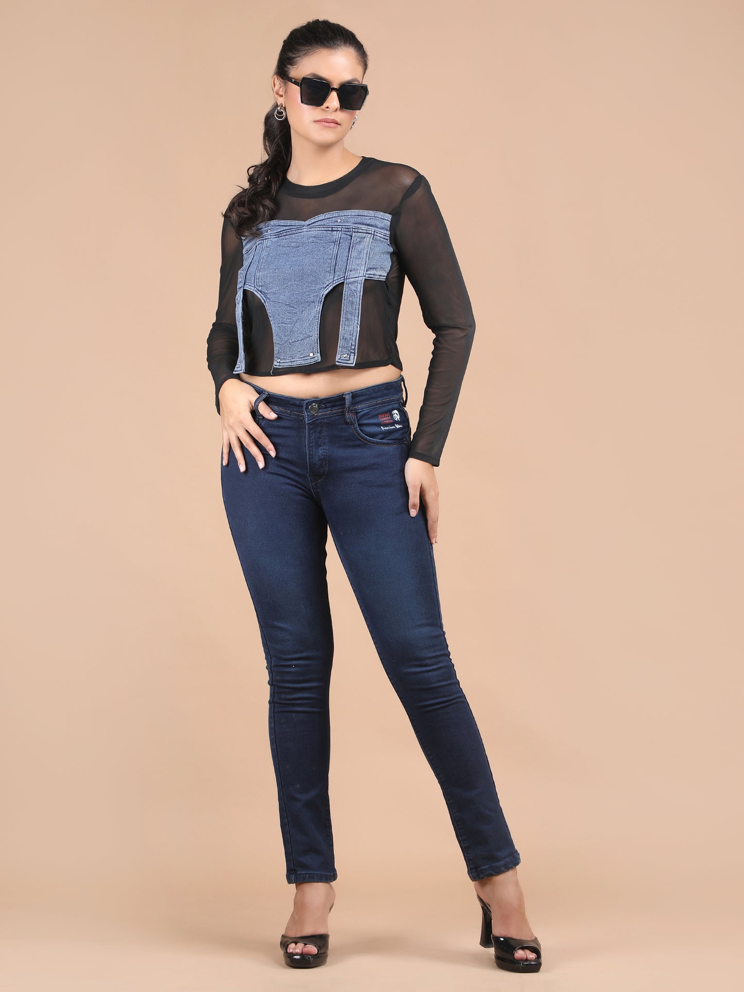 Denim Power Net Long Sleeves Crop Top