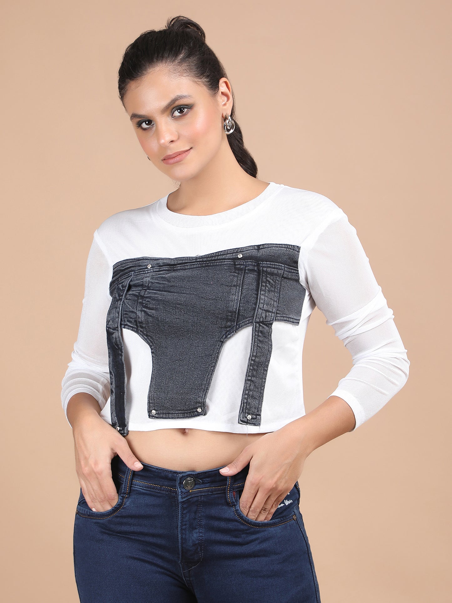 Denim Power Net Long Sleeves Crop Top