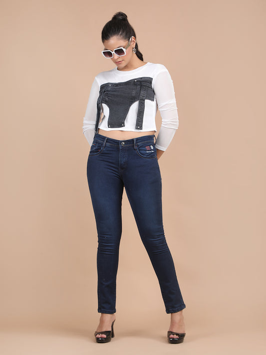 Denim Power Net Long Sleeves Crop Top