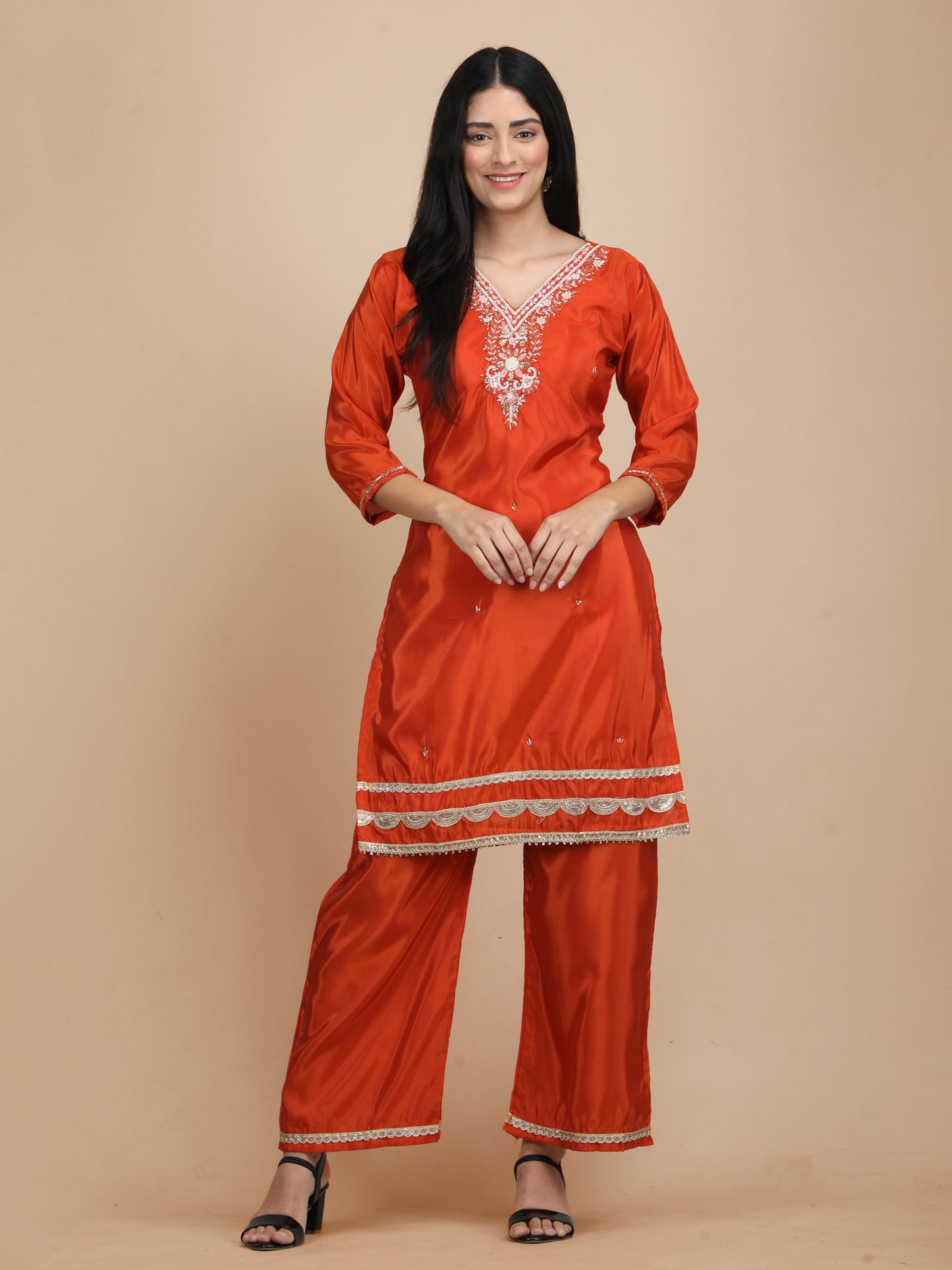 Exquisite Glass Silk hand Embroidery Co-ord Set