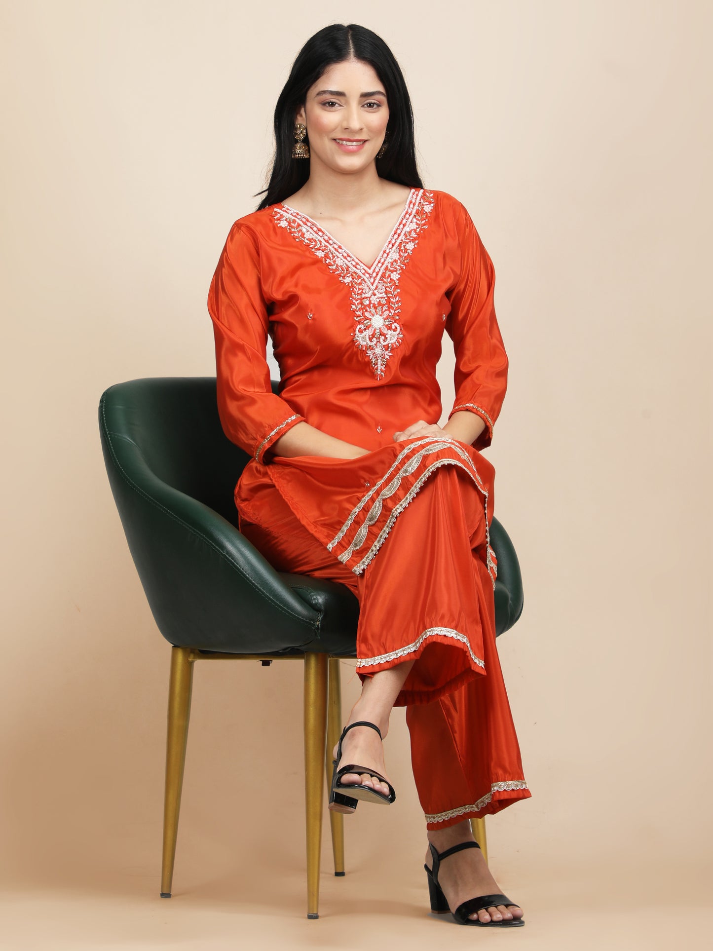 Exquisite Glass Silk hand Embroidery Co-ord Set