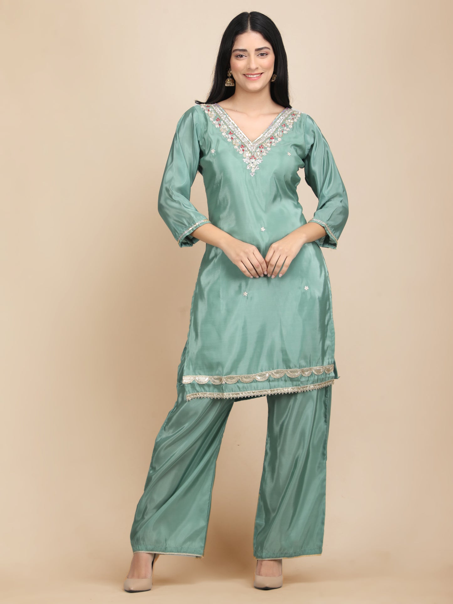 Exquisite Glass Silk hand Embroidery Co-ord Set