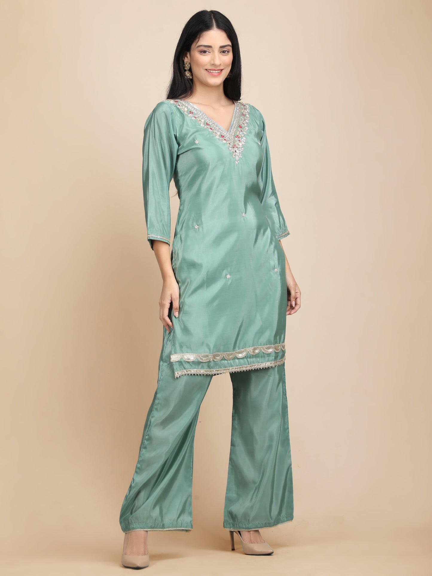 Exquisite Glass Silk hand Embroidery Co-ord Set