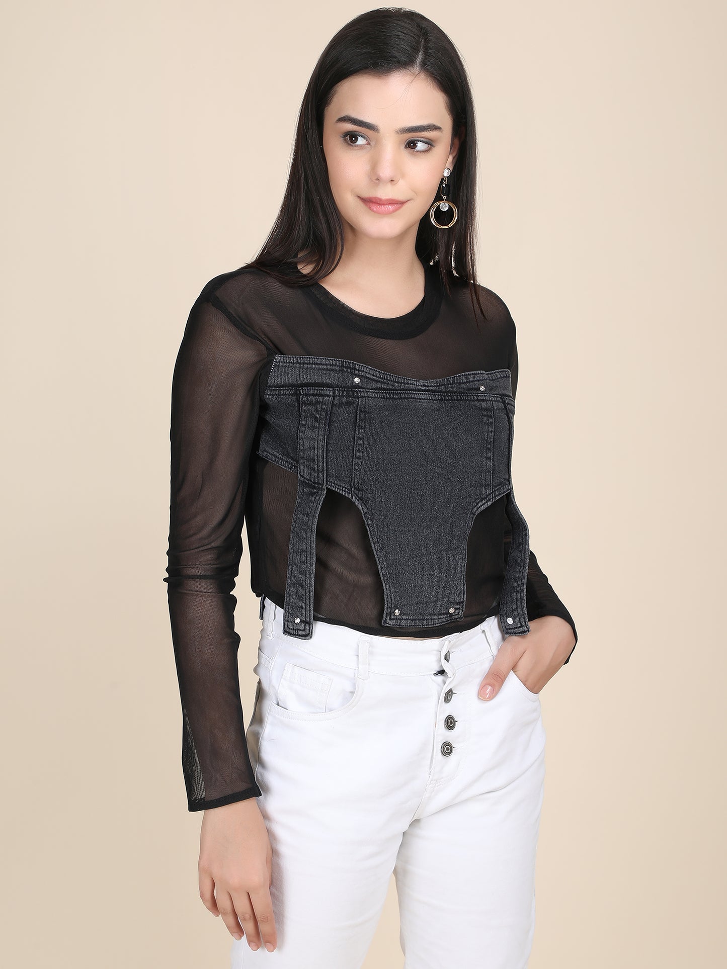 Denim Power Net Crop Top