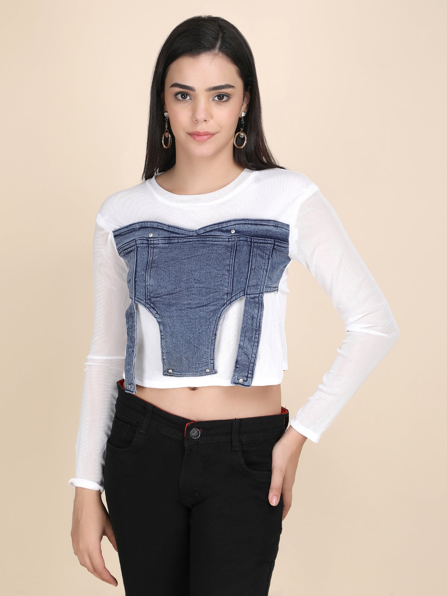 Denim Power Net Long Sleeves Crop Top