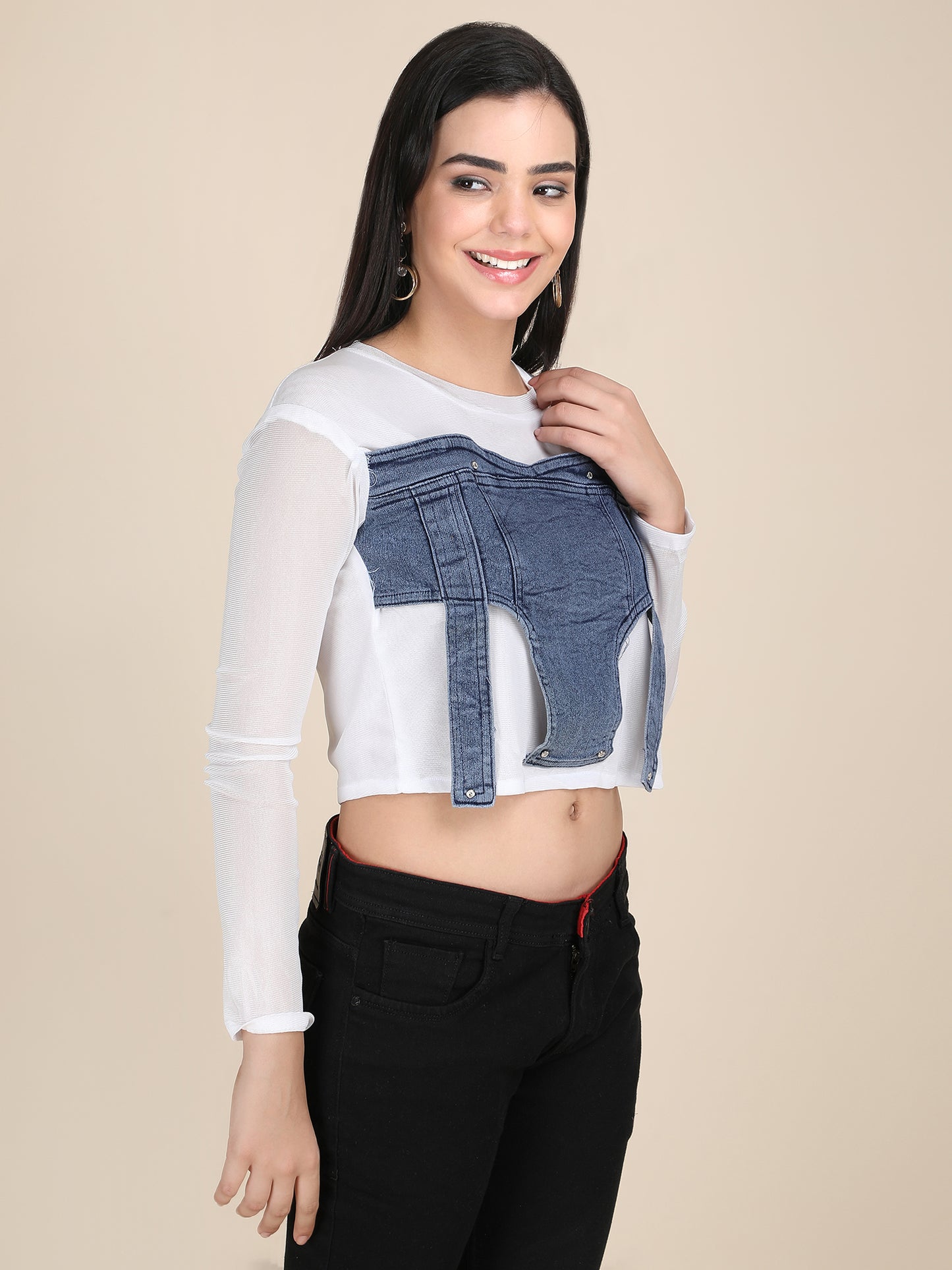 Denim Power Net Long Sleeves Crop Top