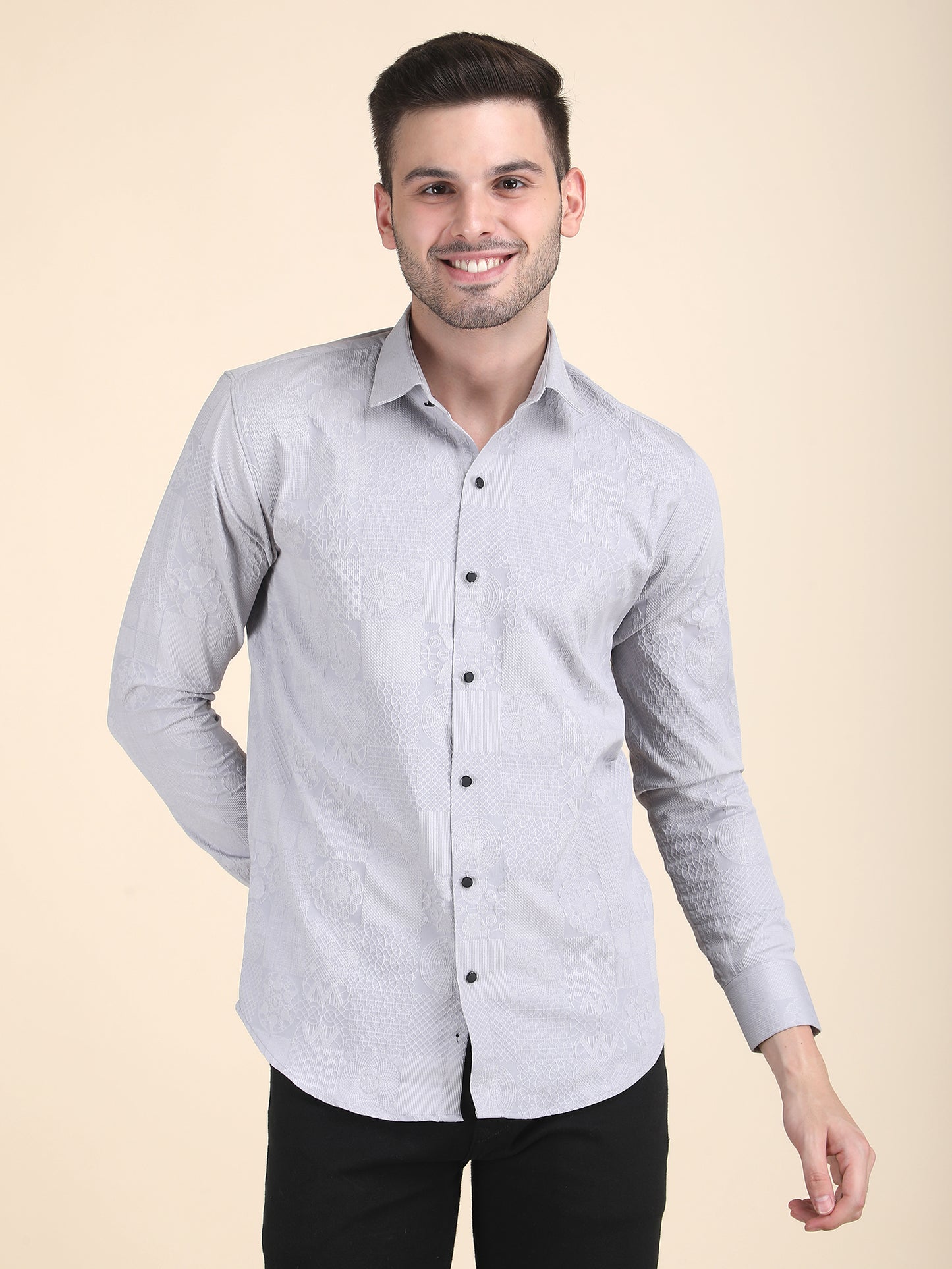 Men Plain Jacquard Slim Fit Casual Shirt