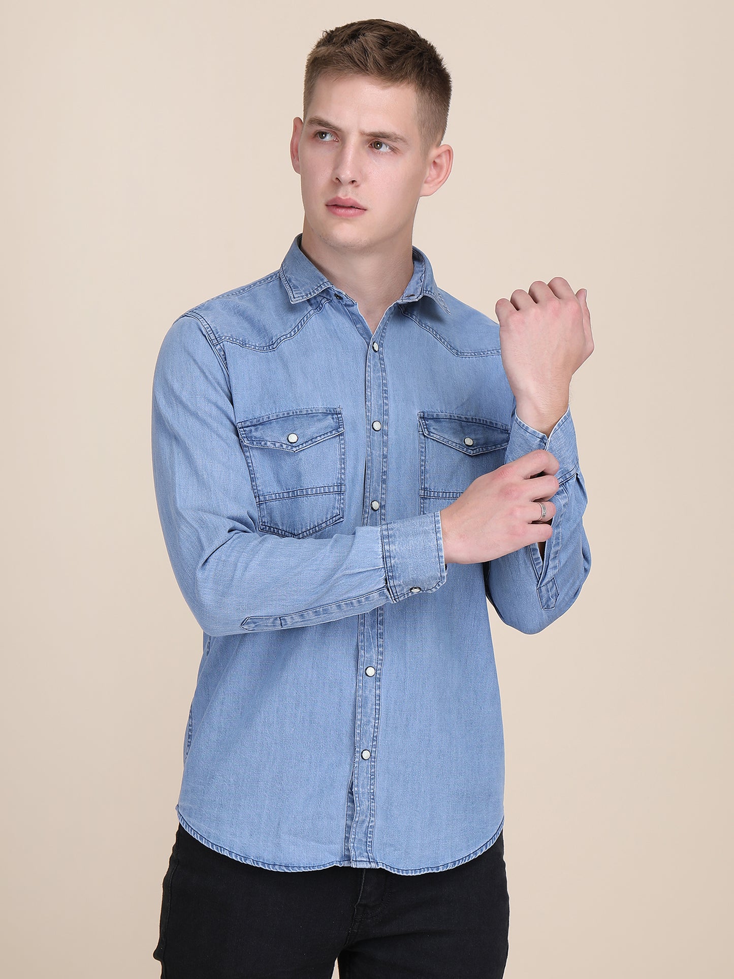 Denim Spread Collar Slim Fit Shirt