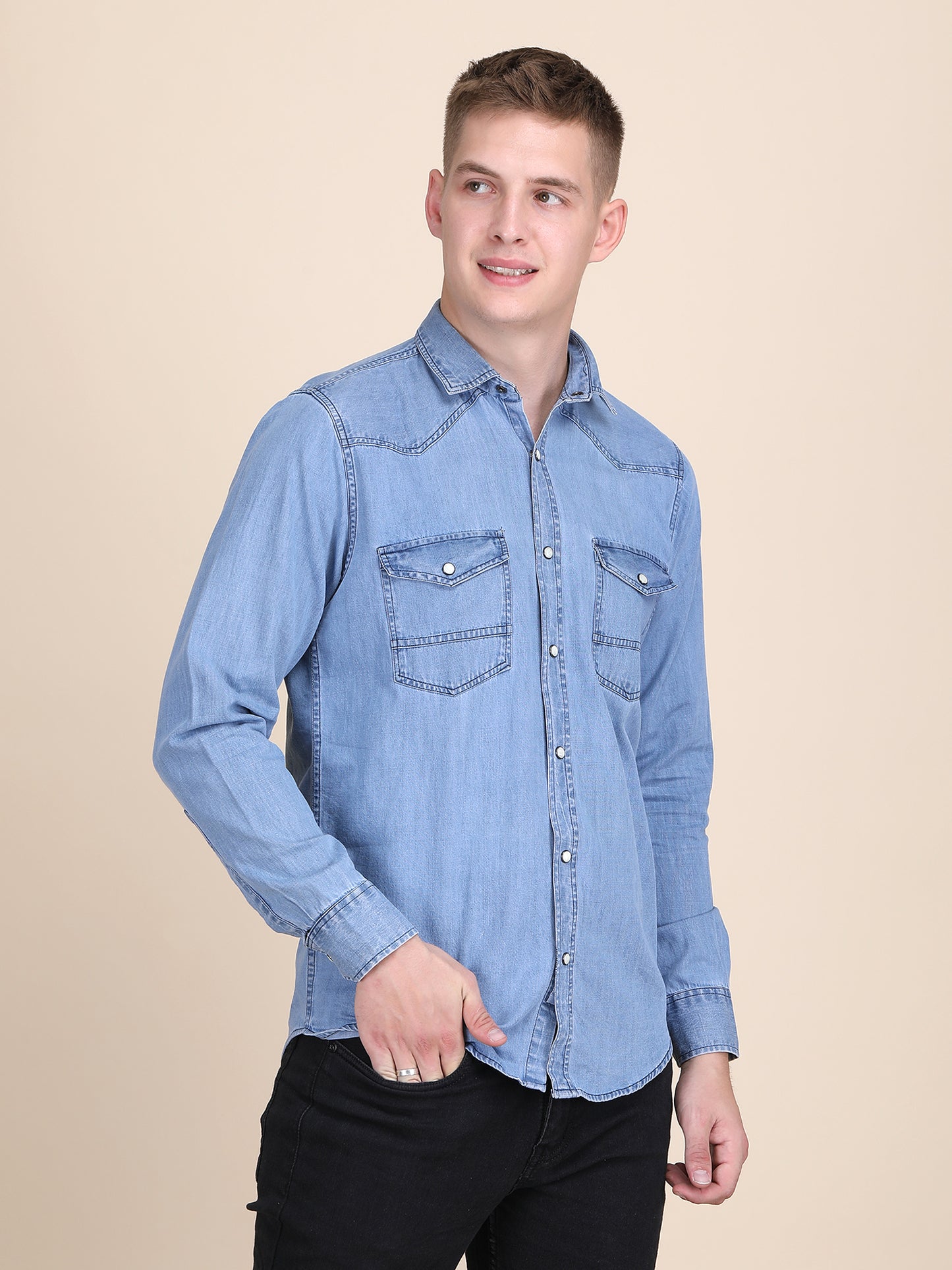 Denim Spread Collar Slim Fit Shirt