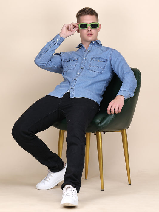 Denim Spread Collar Slim Fit Shirt