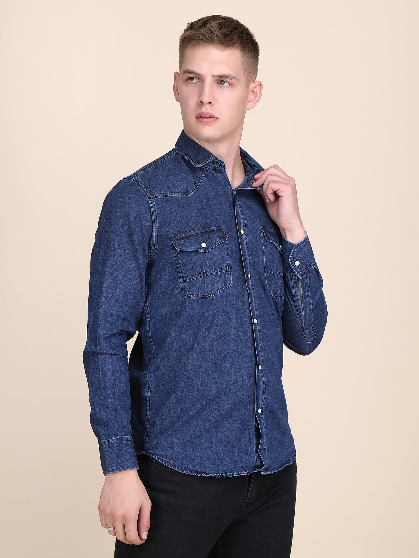 Denim Spread Collar Slim Fit Shirt