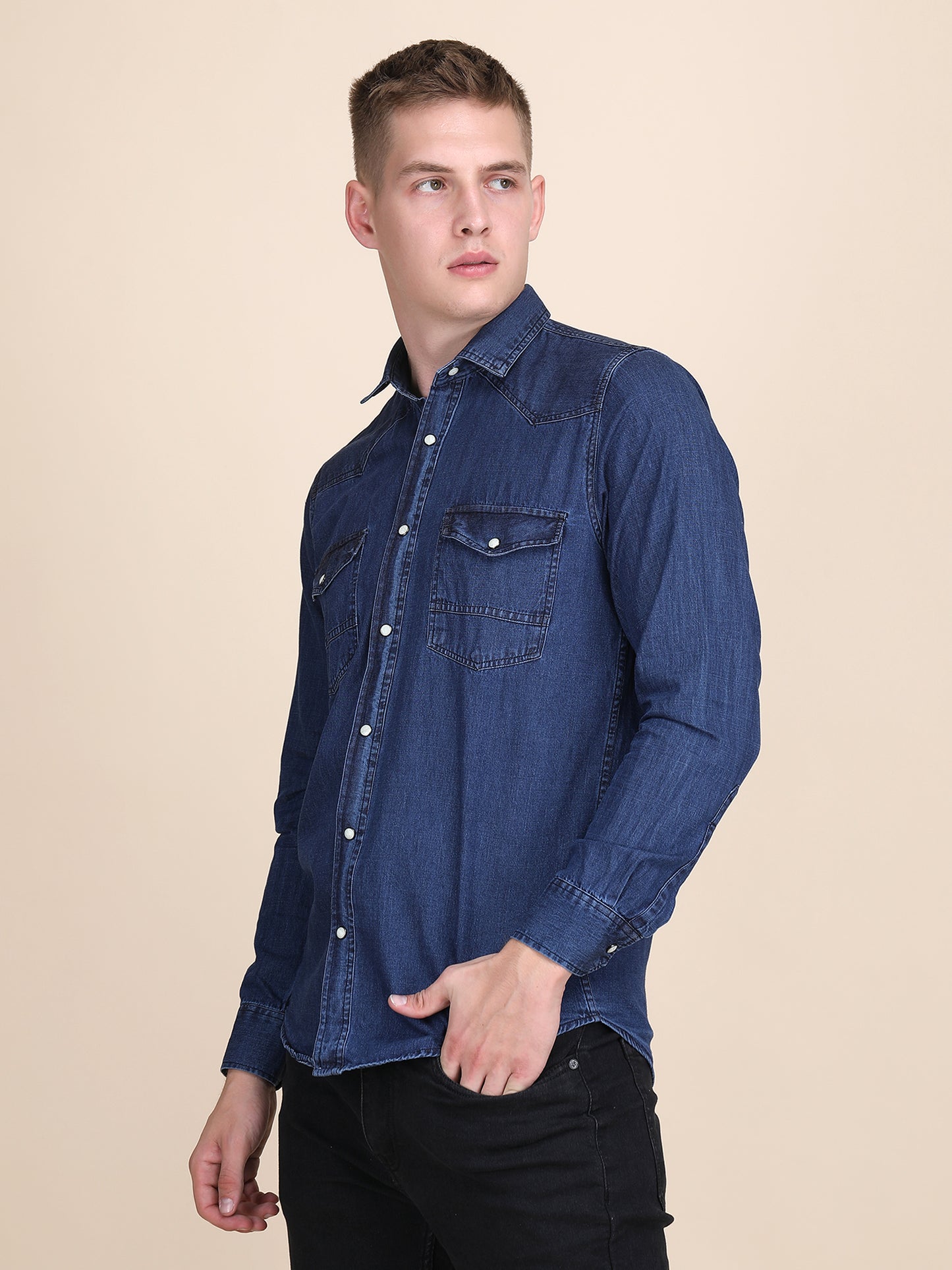 Denim Spread Collar Slim Fit Shirt