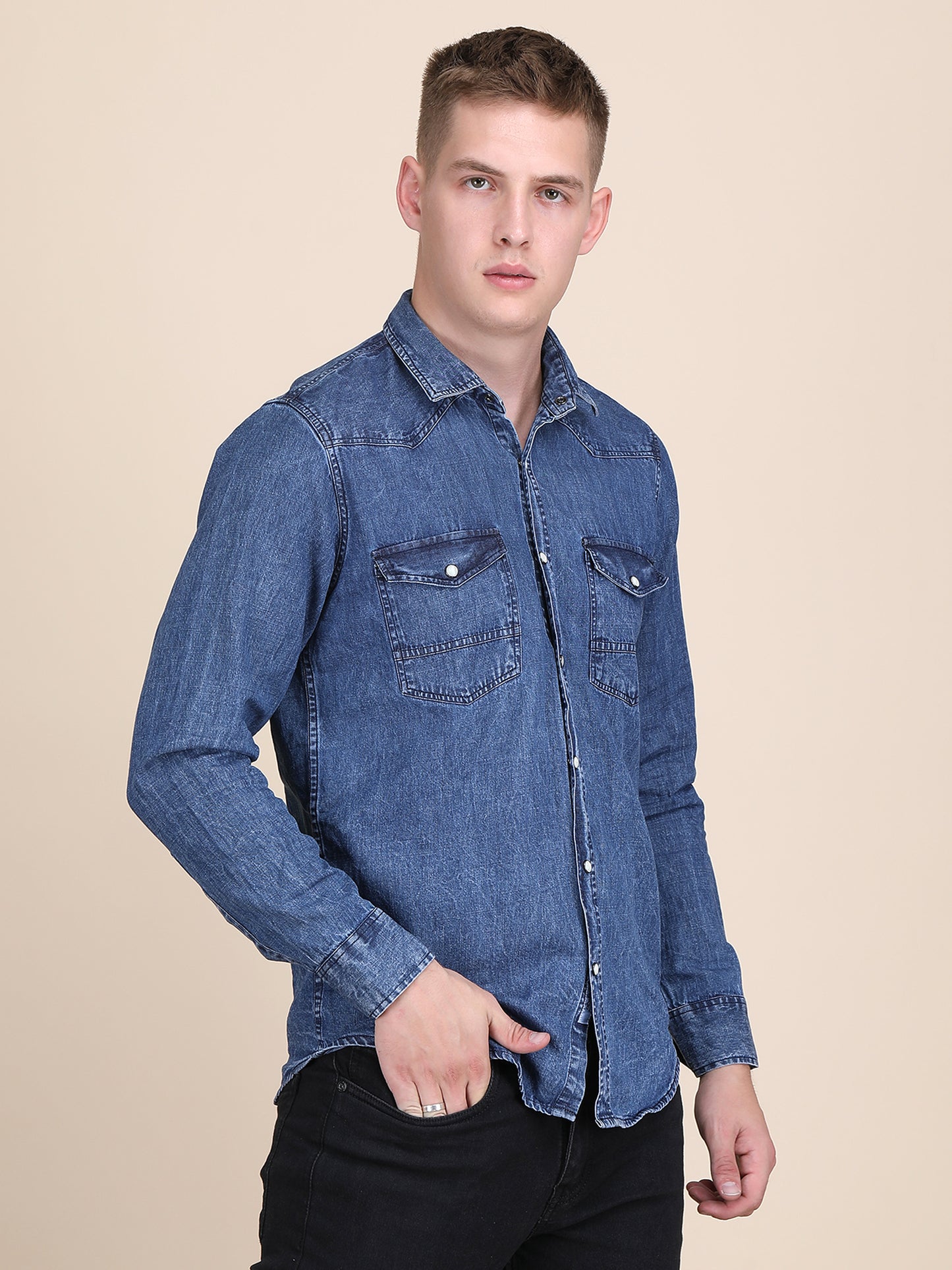 Denim Spread Collar Slim Fit Shirt