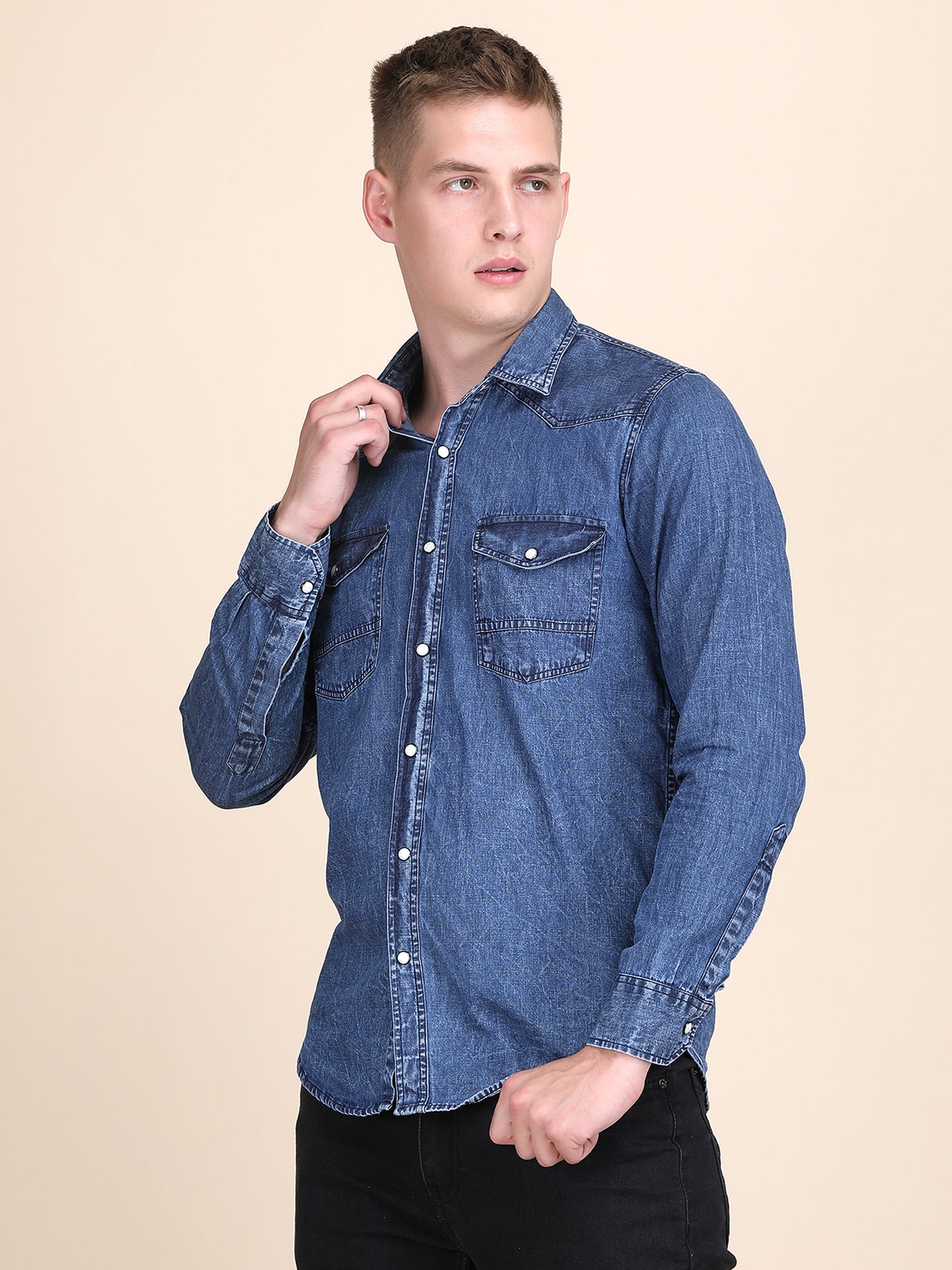 Denim Spread Collar Slim Fit Shirt