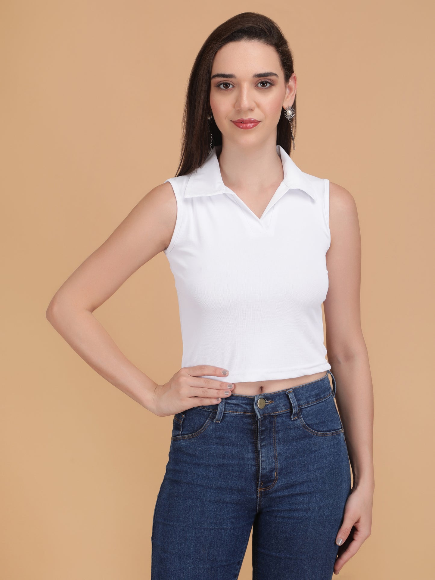 Shirt Collar Sleeveless Crop Top