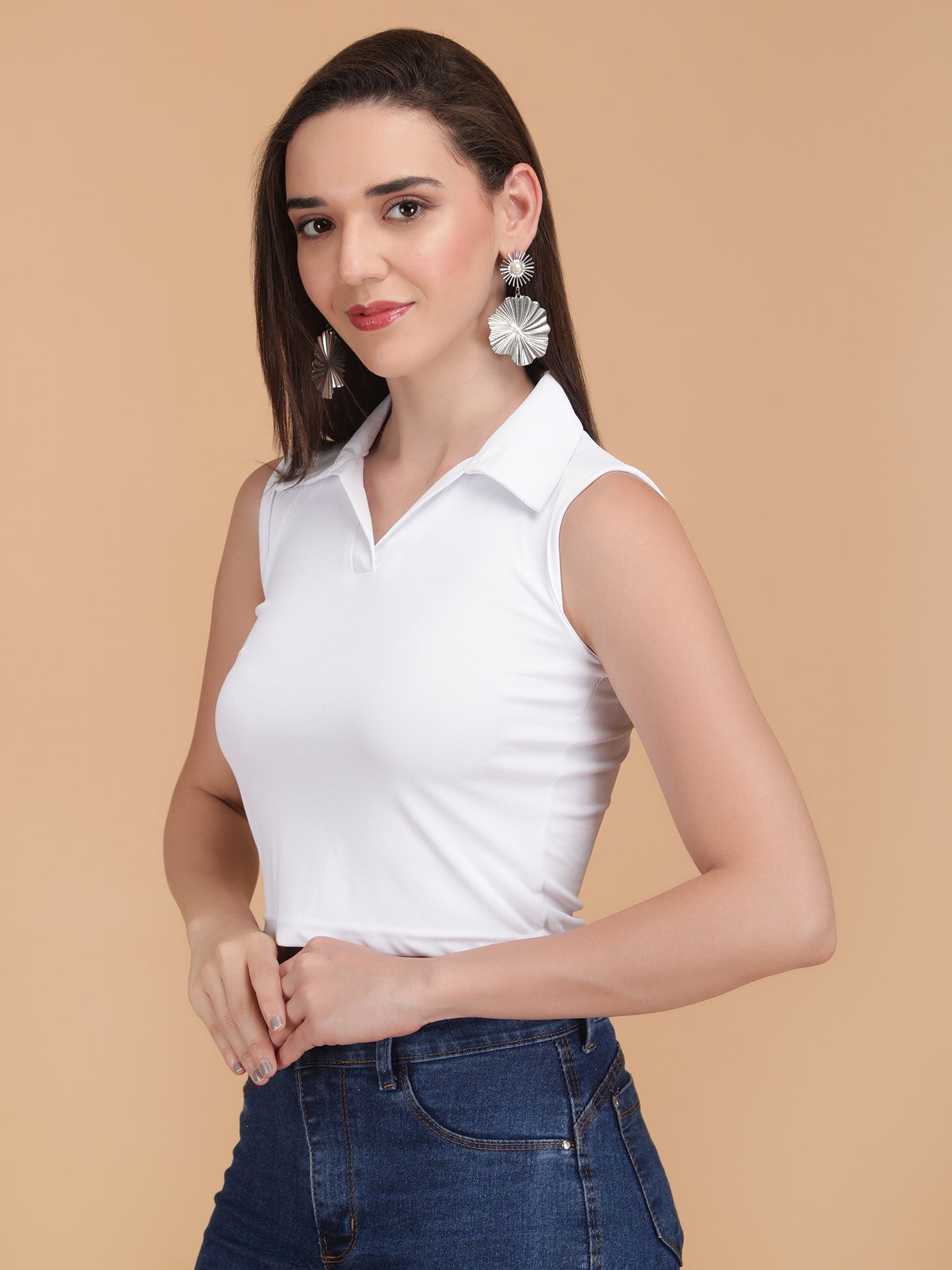 Shirt Collar Sleeveless Crop Top