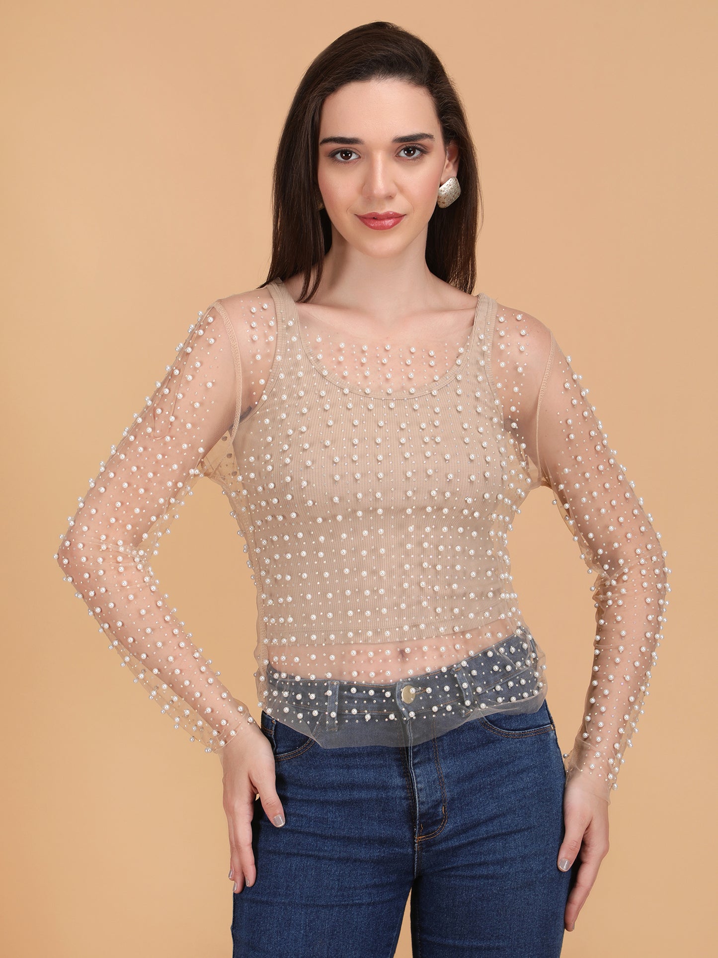 Pearl Rhinestone Sheer Mesh Crop Top