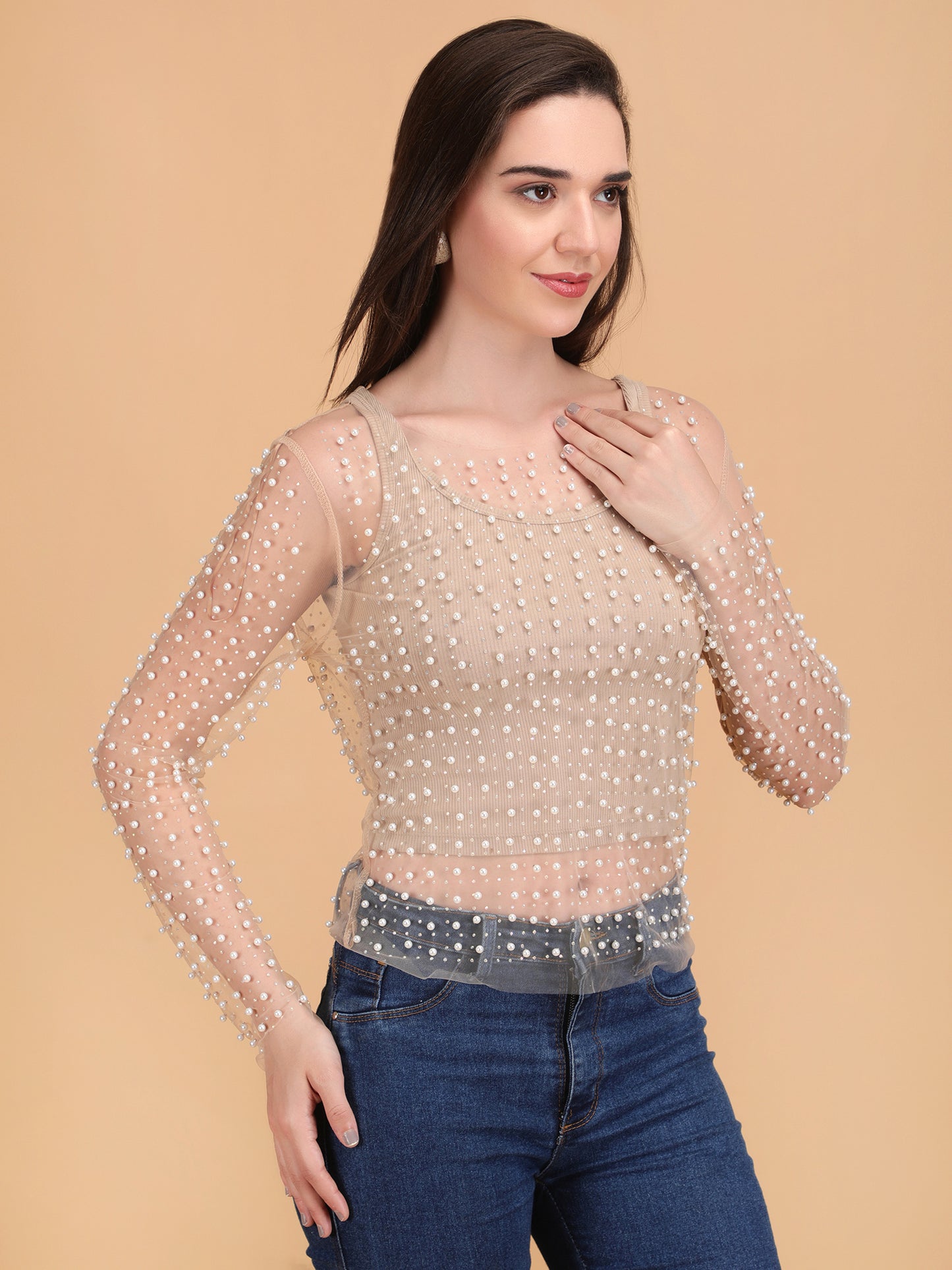 Pearl Rhinestone Sheer Mesh Crop Top