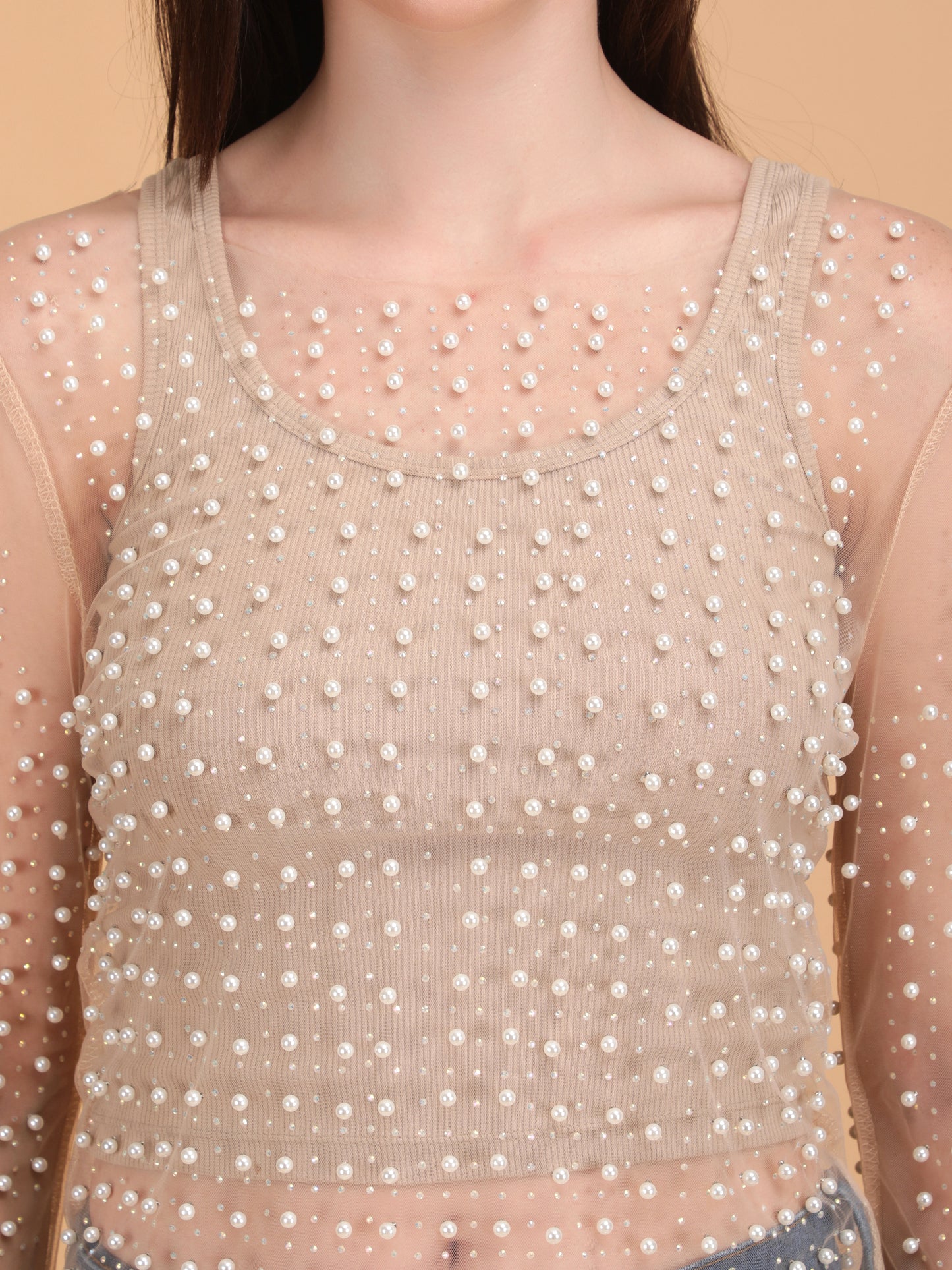 Pearl Rhinestone Sheer Mesh Crop Top