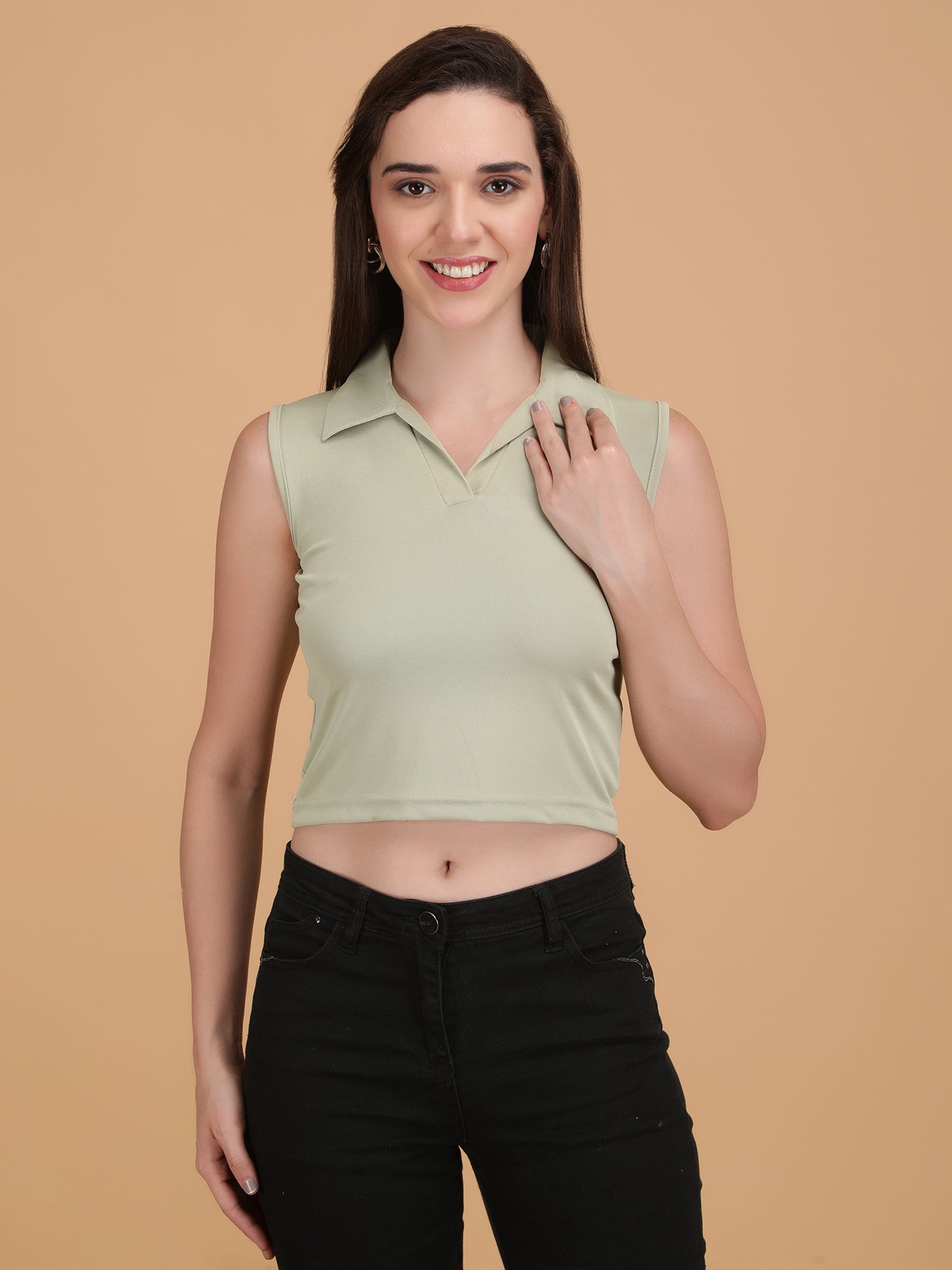 Shirt Collar Sleeveless Crop Top