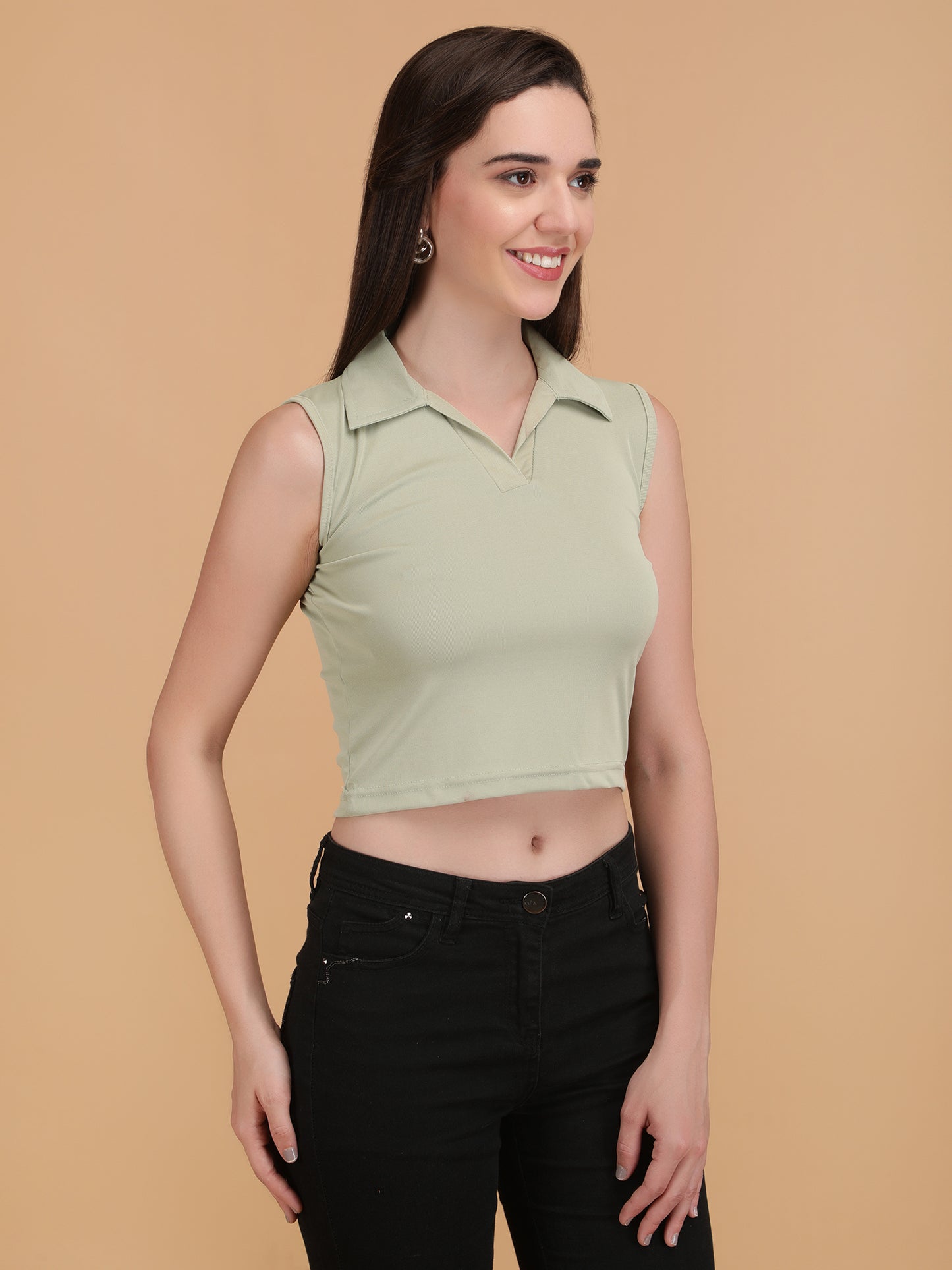 Shirt Collar Sleeveless Crop Top