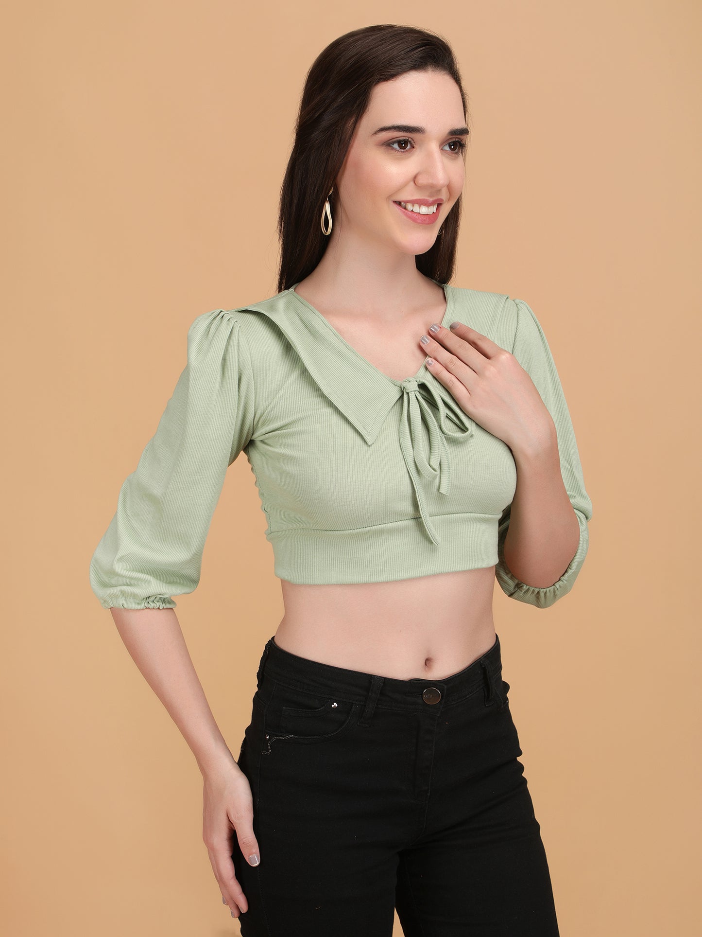 Front String Half Puff Sleeve Crop Top