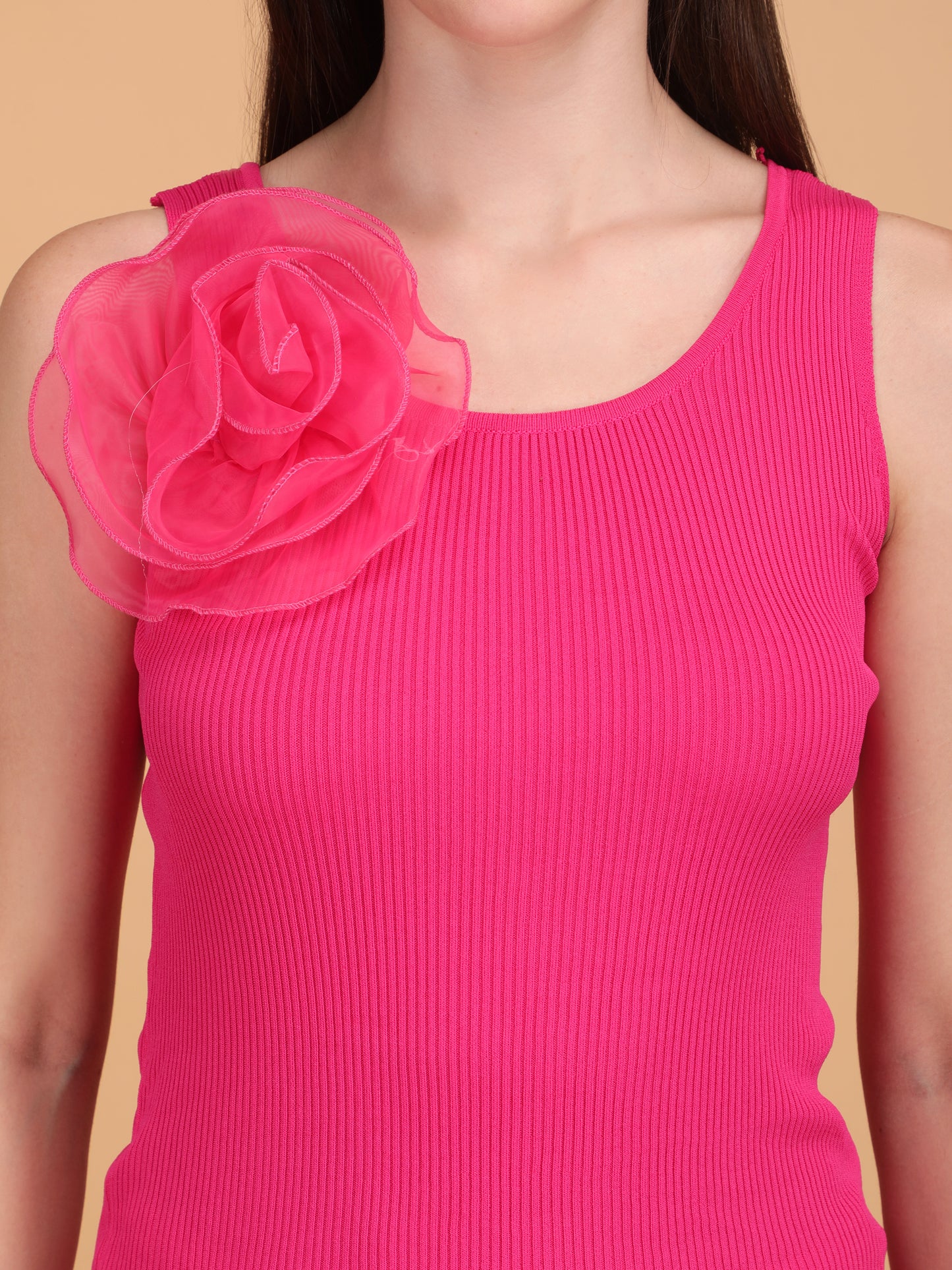 Organza Flower Ribbed Top